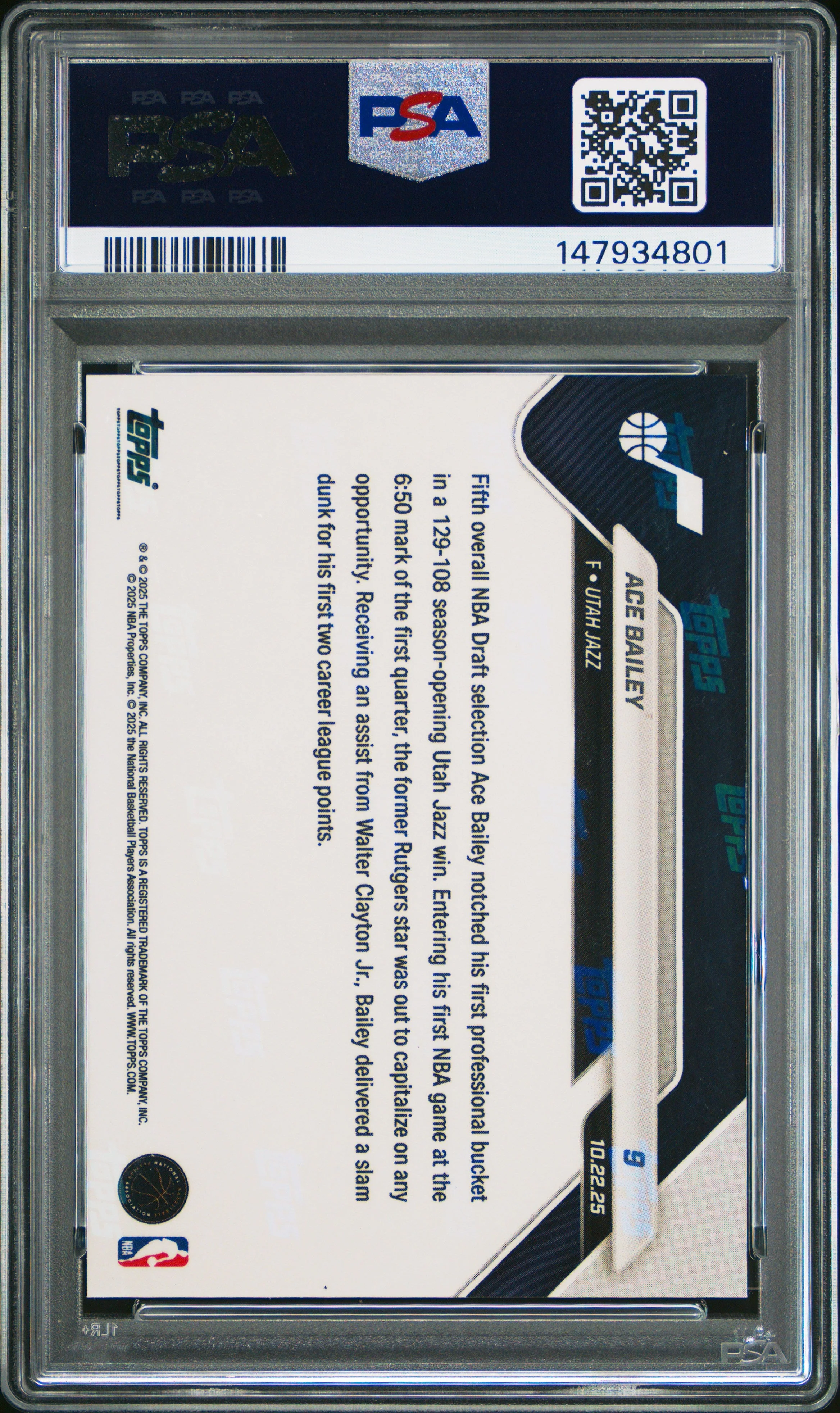 Graded 2025 Topps Now Ace Bailey #9 FoilFractor 1/1 Rookie RC Basketball Card PSA 9 Mint - Image 2