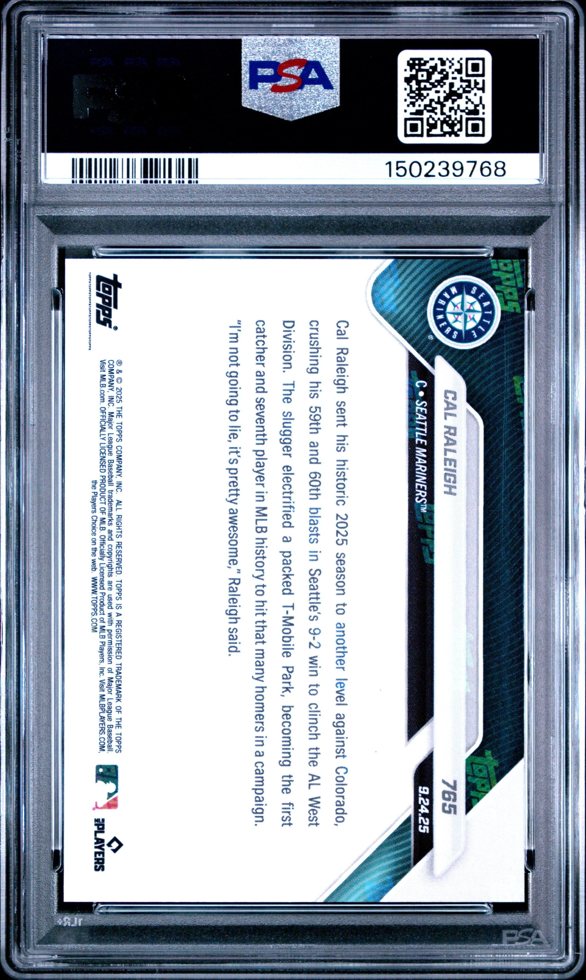 Graded 2025 Topps Now Cal Raleigh #765 Baseball Card PSA 8 Near Mint - Image 2