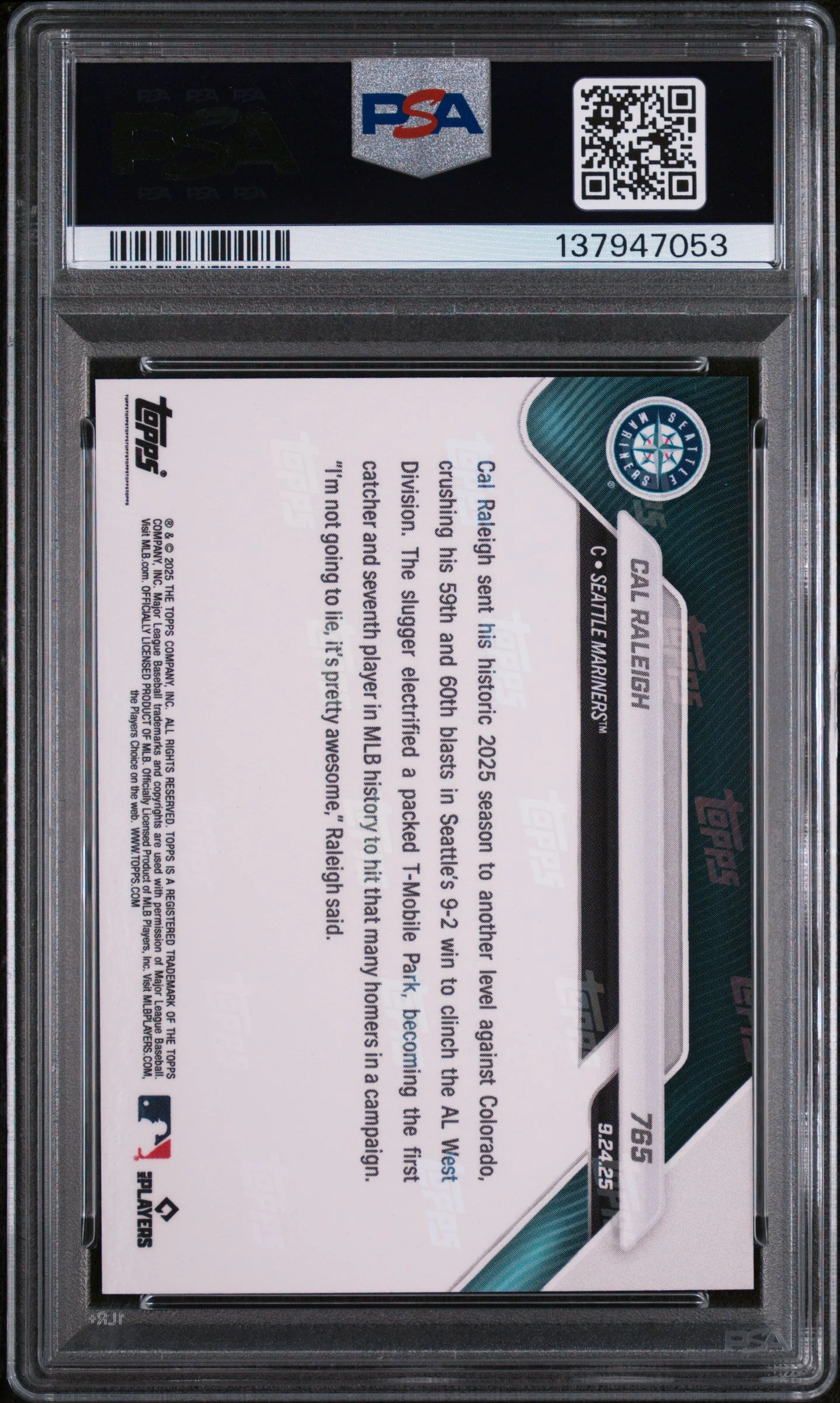 Graded 2025 Topps Now Cal Raleigh #765 Baseball Card PSA 9 Mint - Image 2