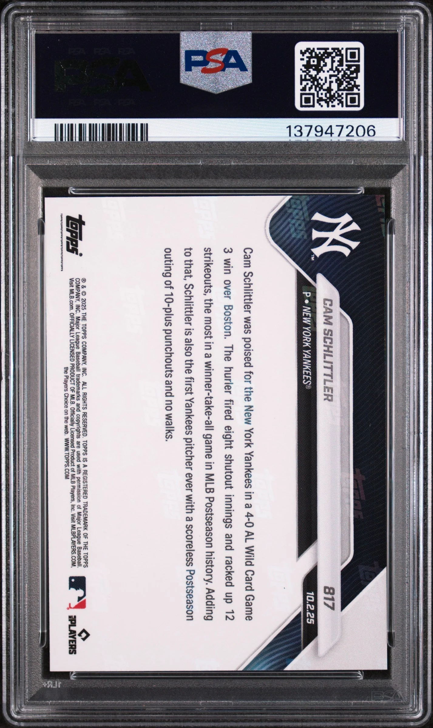 Graded 2025 Topps Now Cam Schlittler #817 Rookie RC Baseball Card PSA 4 Very Good - Image 2