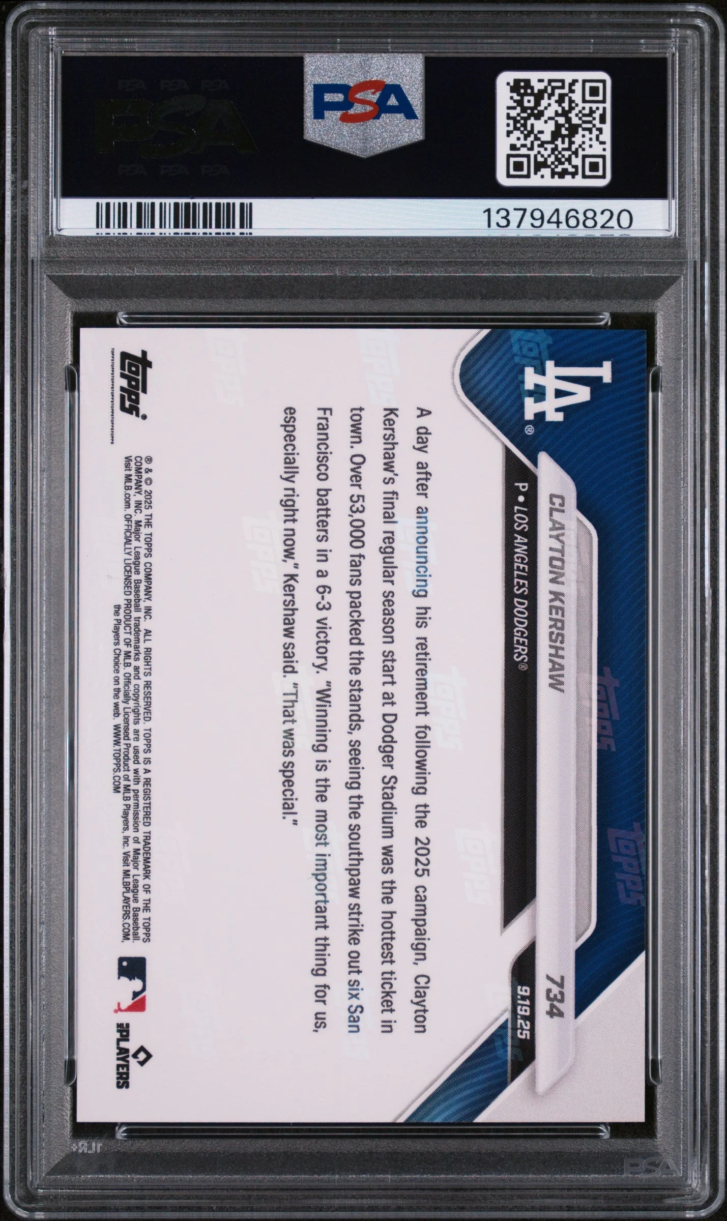 Graded 2025 Topps Now Clayton Kershaw #734 Baseball Card PSA 10 Gem Mint - Image 2