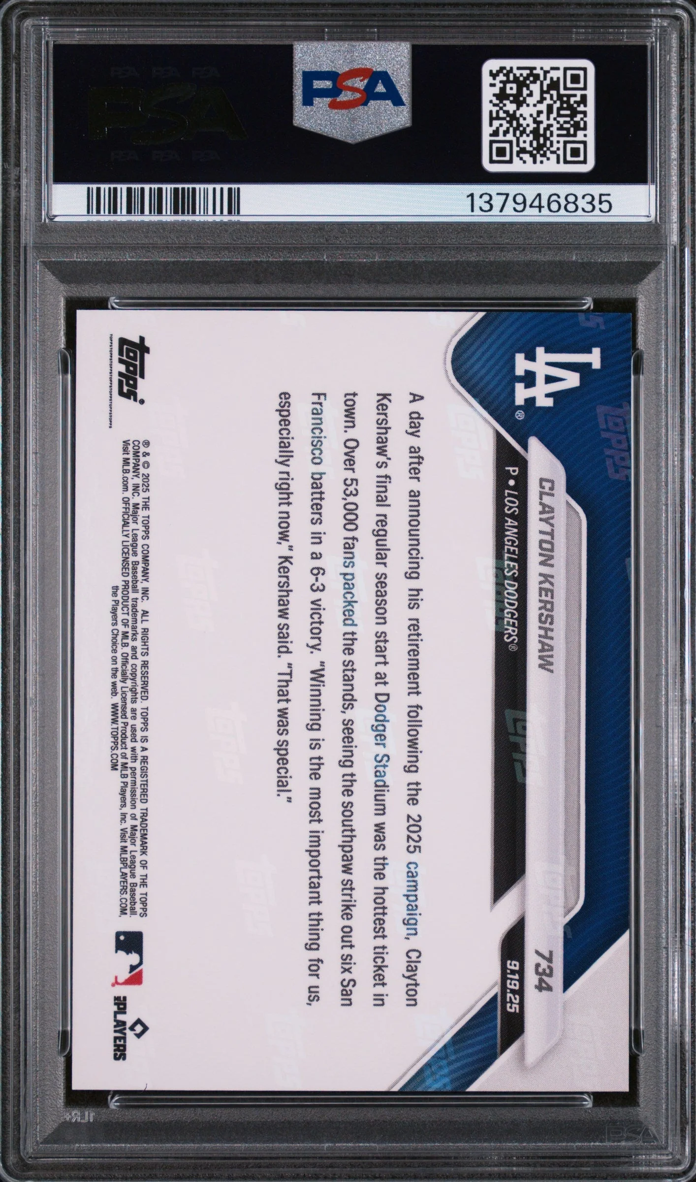 Graded 2025 Topps Now Clayton Kershaw #734 Baseball Card PSA 8 Near Mint - Image 2