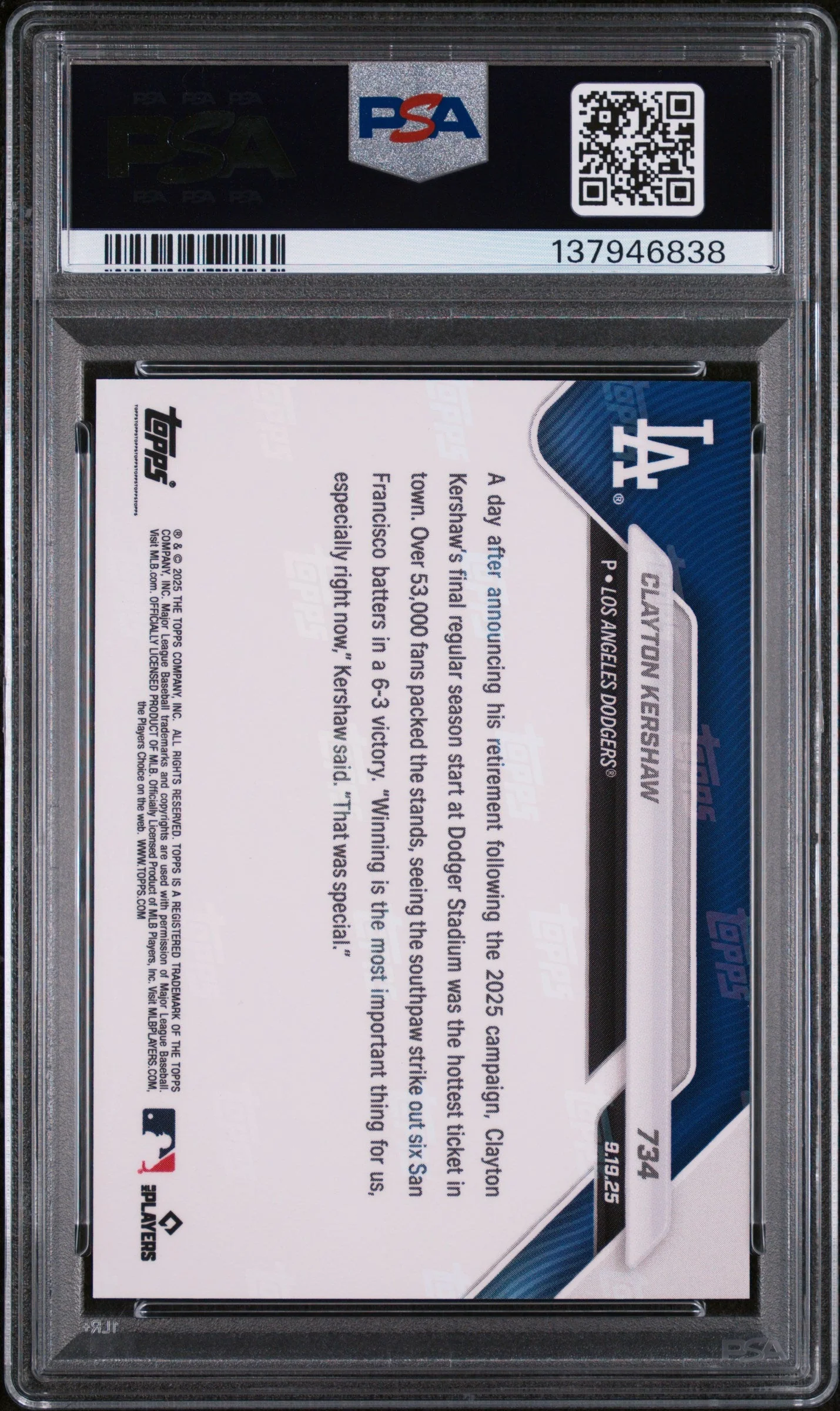 Graded 2025 Topps Now Clayton Kershaw #734 Baseball Card PSA 9 Mint - Image 2