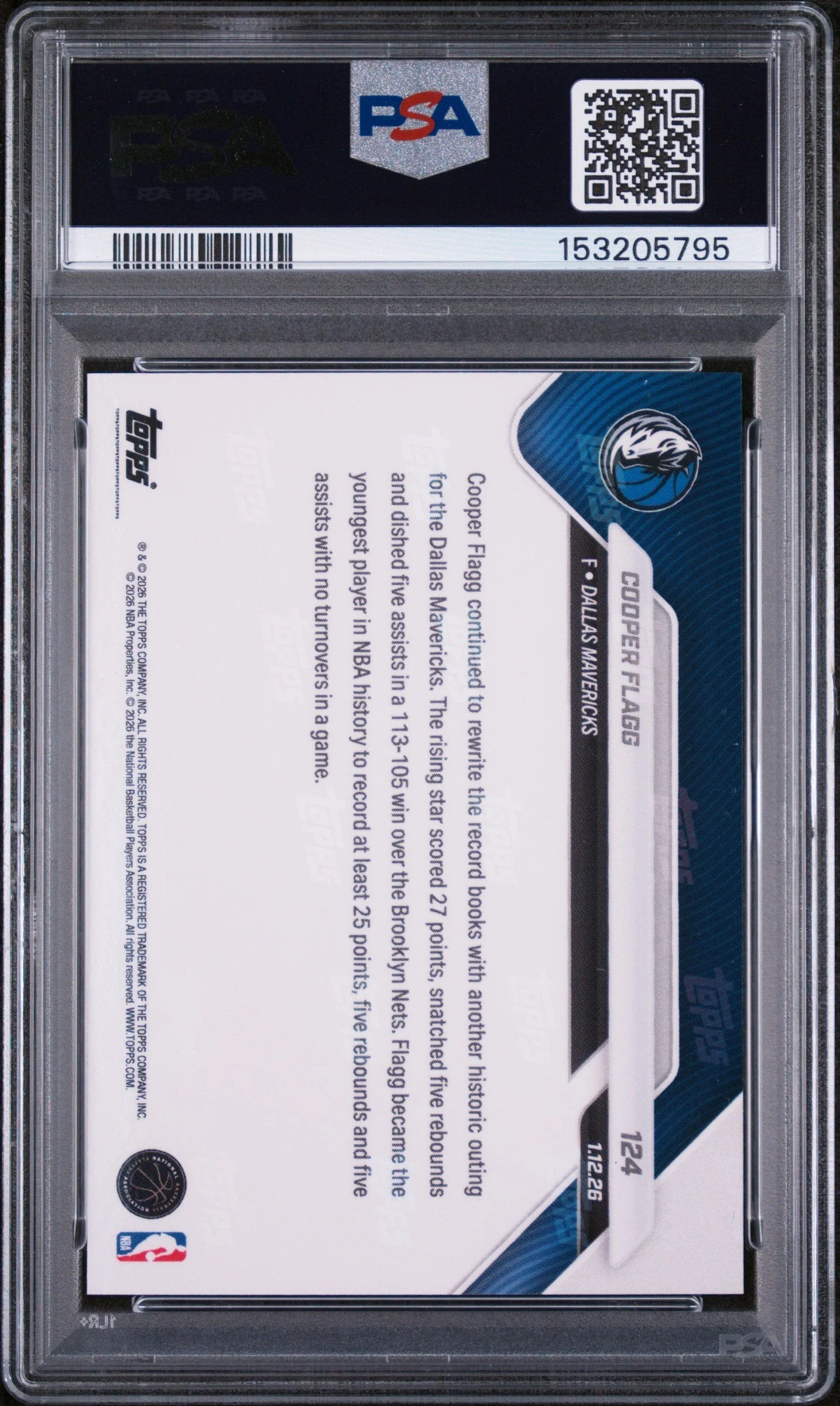 Graded 2025 Topps Now Cooper Flagg #124 Rookie RC Basketball Card PSA 10 Gem Mint - Image 2