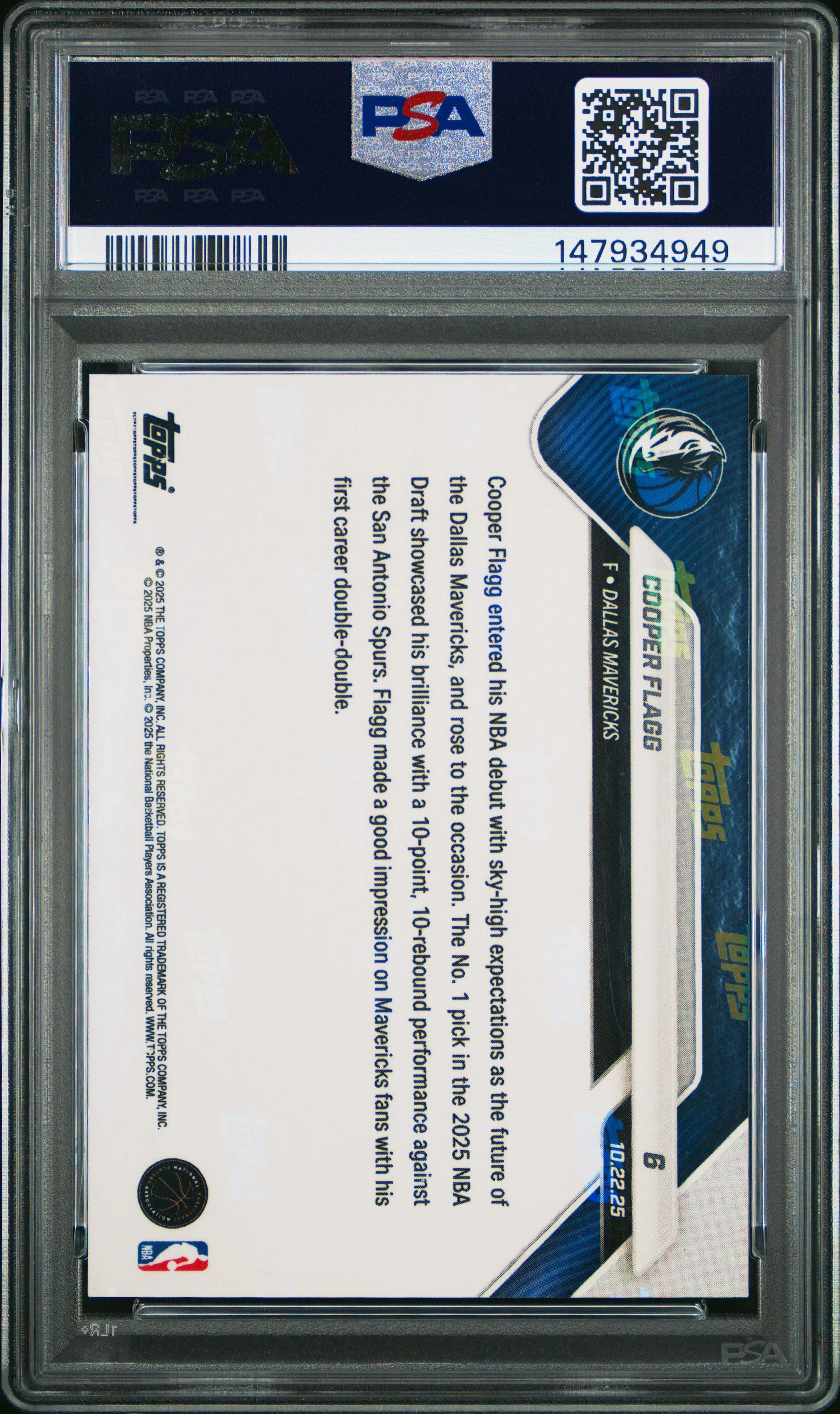 Graded 2025 Topps Now Cooper Flagg #6 Green Foil /99 Rookie RC Basketball Card PSA 9 Mint - Image 2