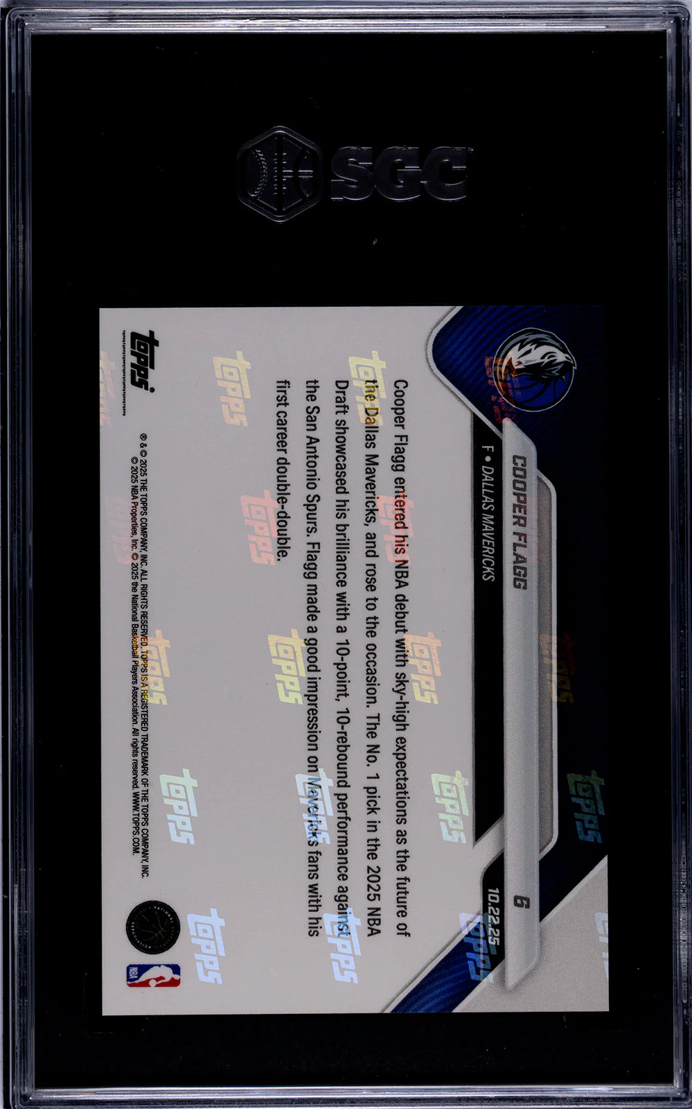 Graded 2025 Topps Now Cooper Flagg #6 Rookie RC Basketball Card SGC 9 Mint - Image 2