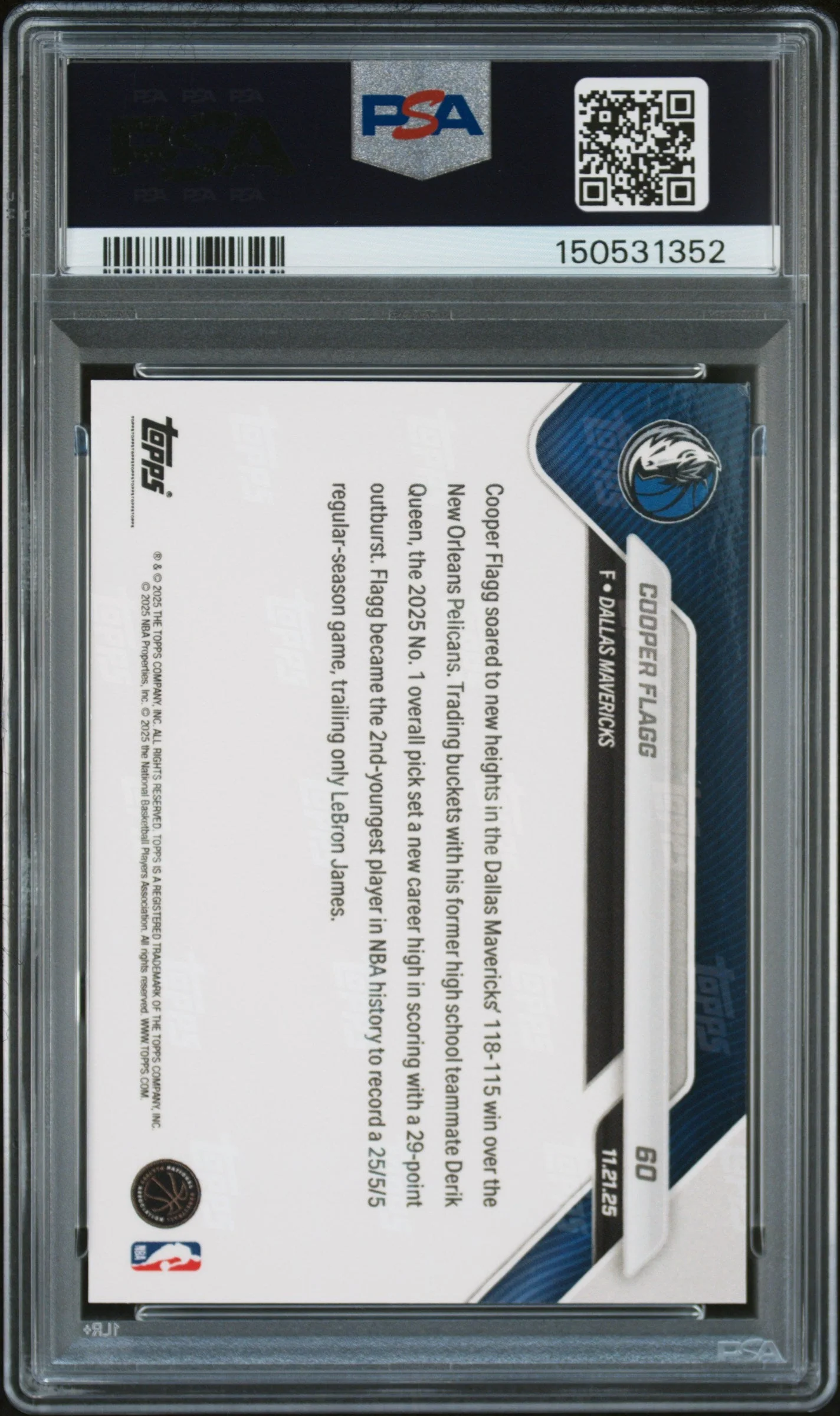 Graded 2025 Topps Now Cooper Flagg #60 Rookie RC Basketball Card PSA 8 Near Mint - Image 2