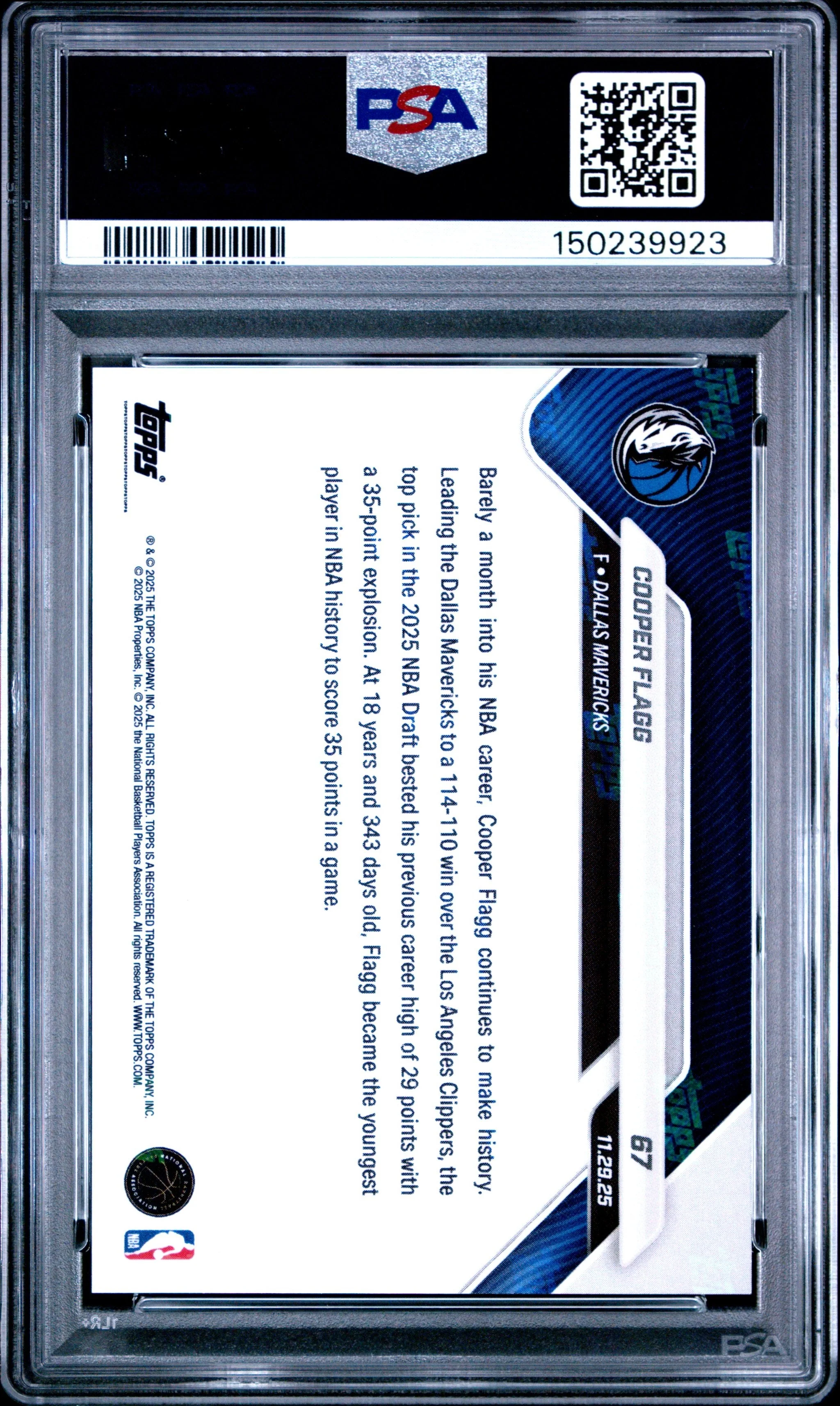 Graded 2025 Topps Now Cooper Flagg #67 Orange Foil /25 Rookie RC Basketball Card PSA 9 Mint - Image 2