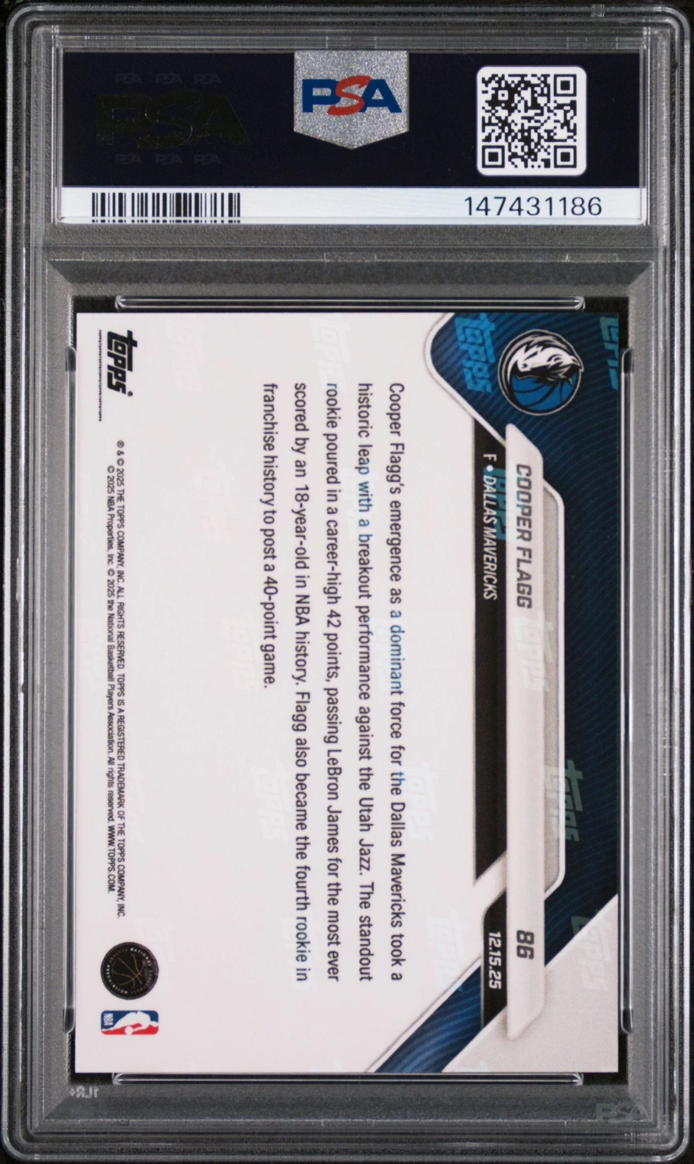 Graded 2025 Topps Now Cooper Flagg #86 Gold Foil Rookie RC Basketball Card PSA 10 Gem Mint - Image 2