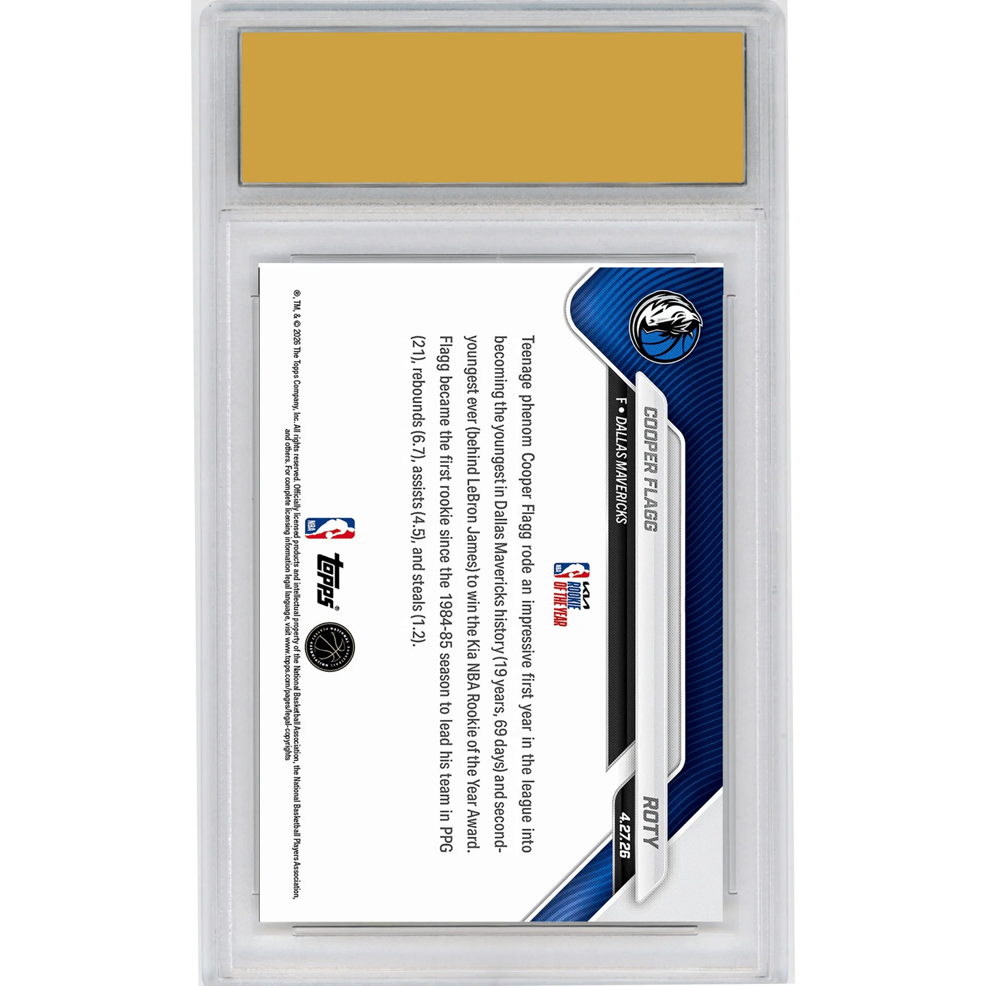 Graded 2025 Topps Now Cooper Flagg #ROTY 2026 KIA Rookie of the Year Award Winner Dallas Mavericks Rookie RC Basketball Card HOFSM 10 Gem Mint - Image 2
