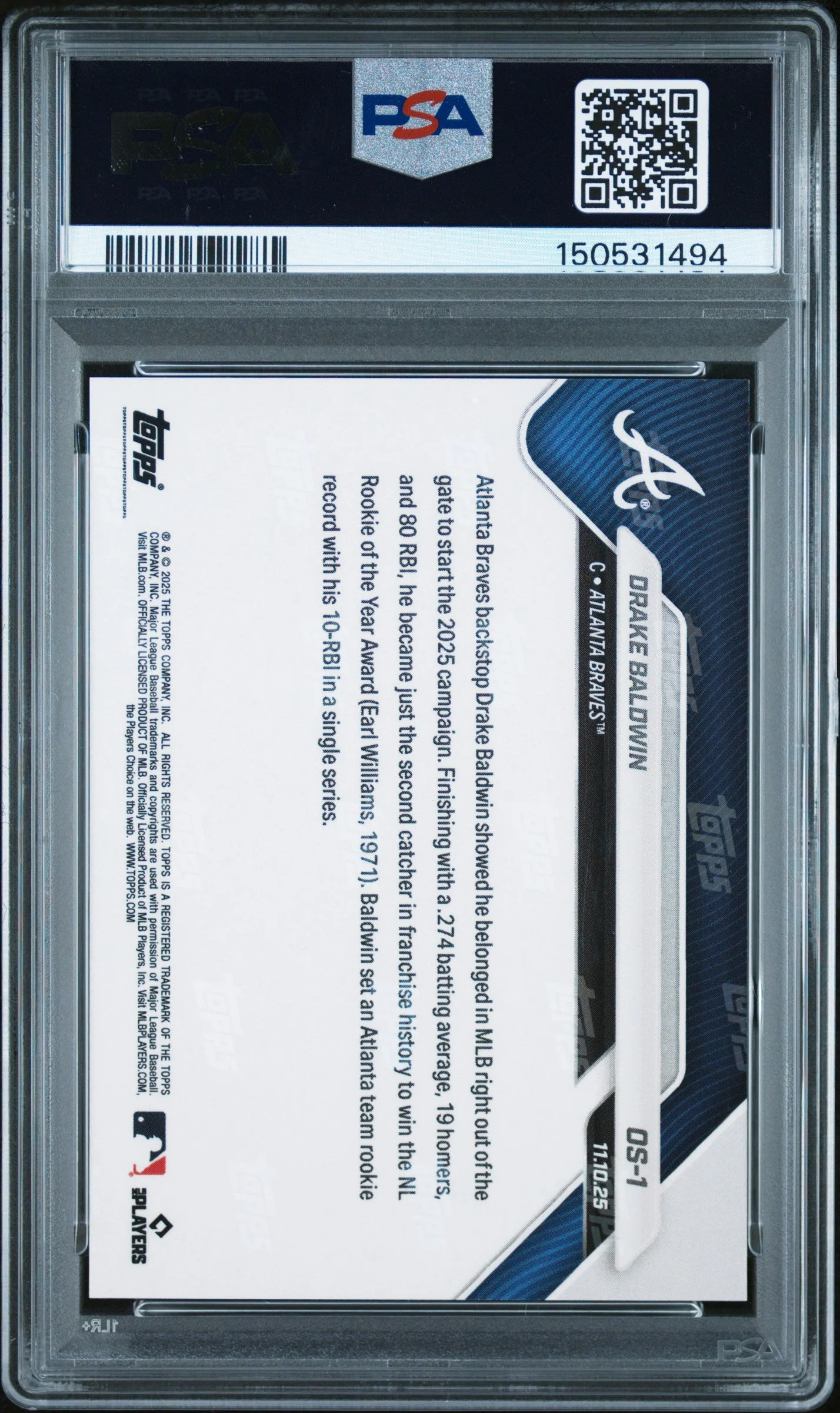 Graded 2025 Topps Now Drake Baldwin #OS1 Offseason Gold Foil /50 Rookie RC Baseball Card PSA 10 Gem Mint - Image 2