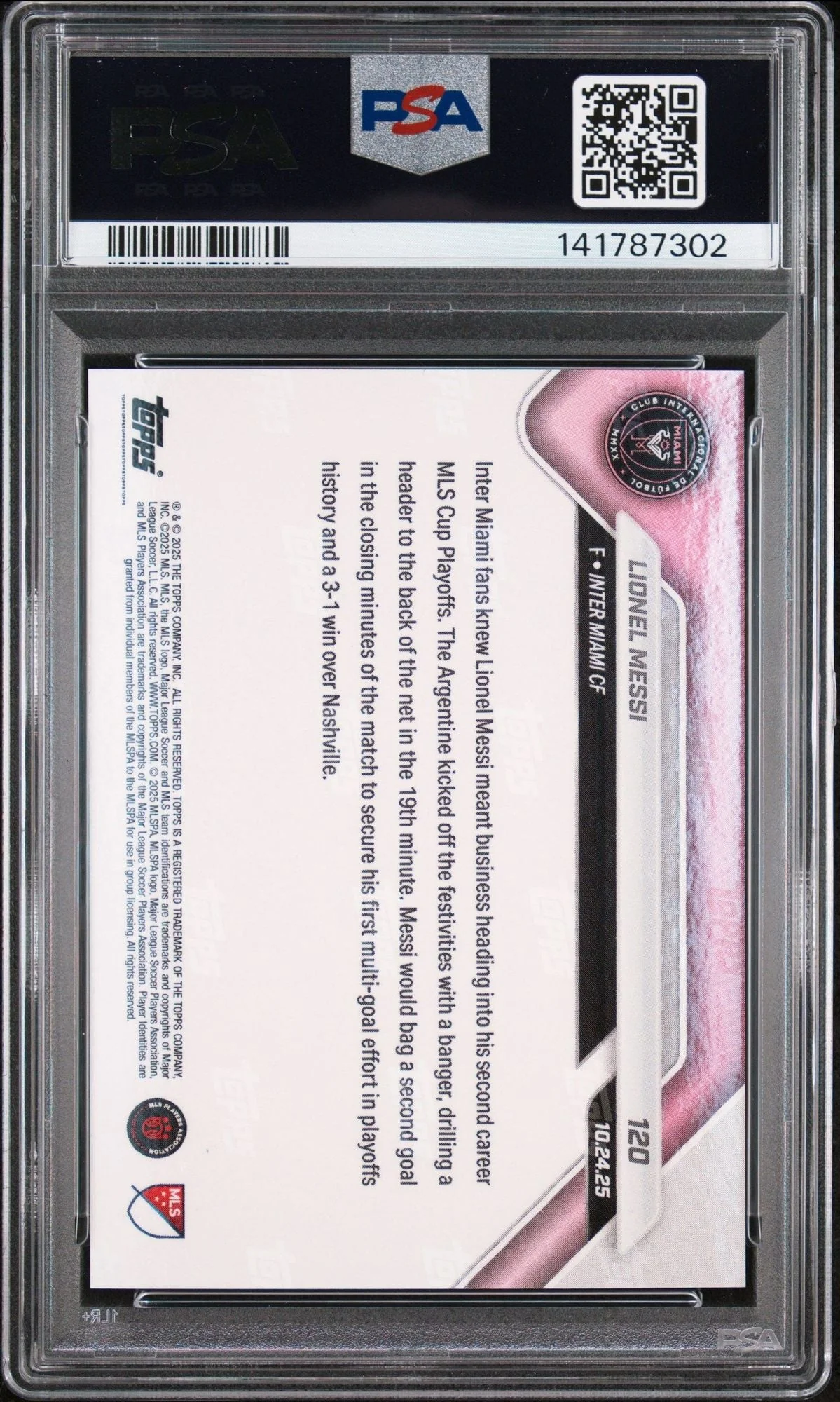 Graded 2025 Topps Now MLS Lionel Messi #120 1st MLS Cup Playoffs Brace Soccer Card PSA 10 Gem Mint - Image 2
