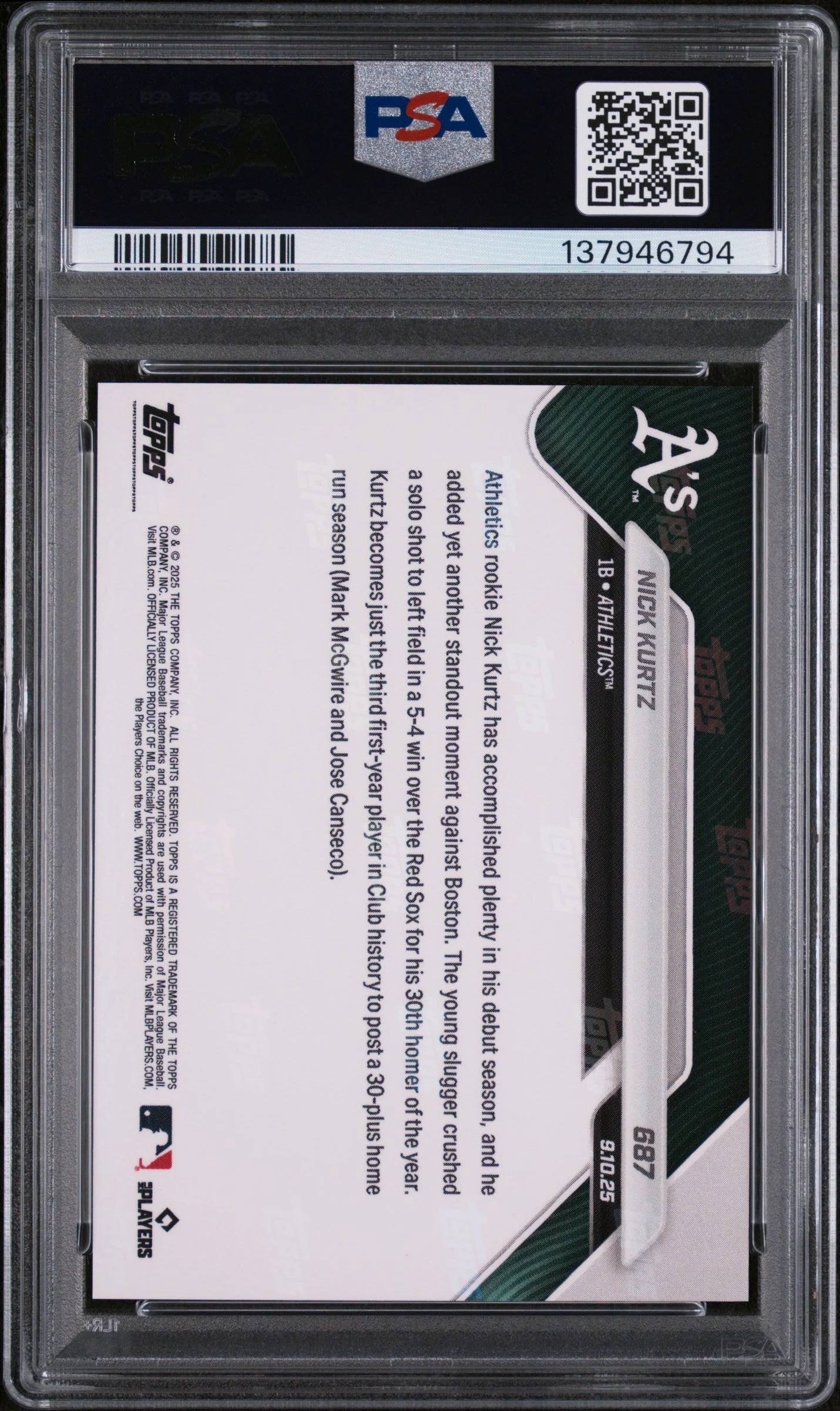 Graded 2025 Topps Now Nick Kurtz #687 Rookie RC Baseball Card PSA 9 Mint - Image 2