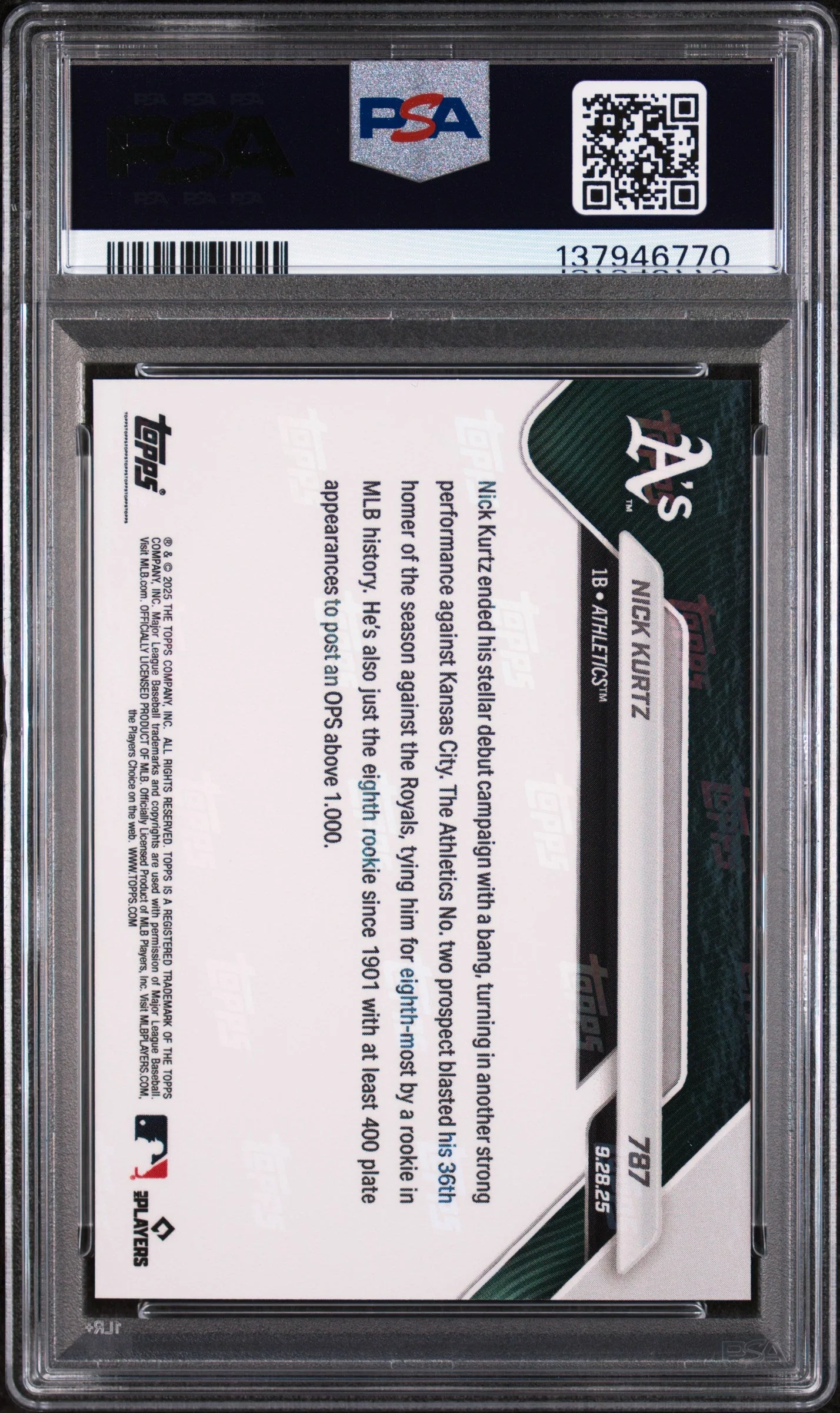 Graded 2025 Topps Now Nick Kurtz #787 Rookie RC Baseball Card PSA 10 Gem Mint - Image 2