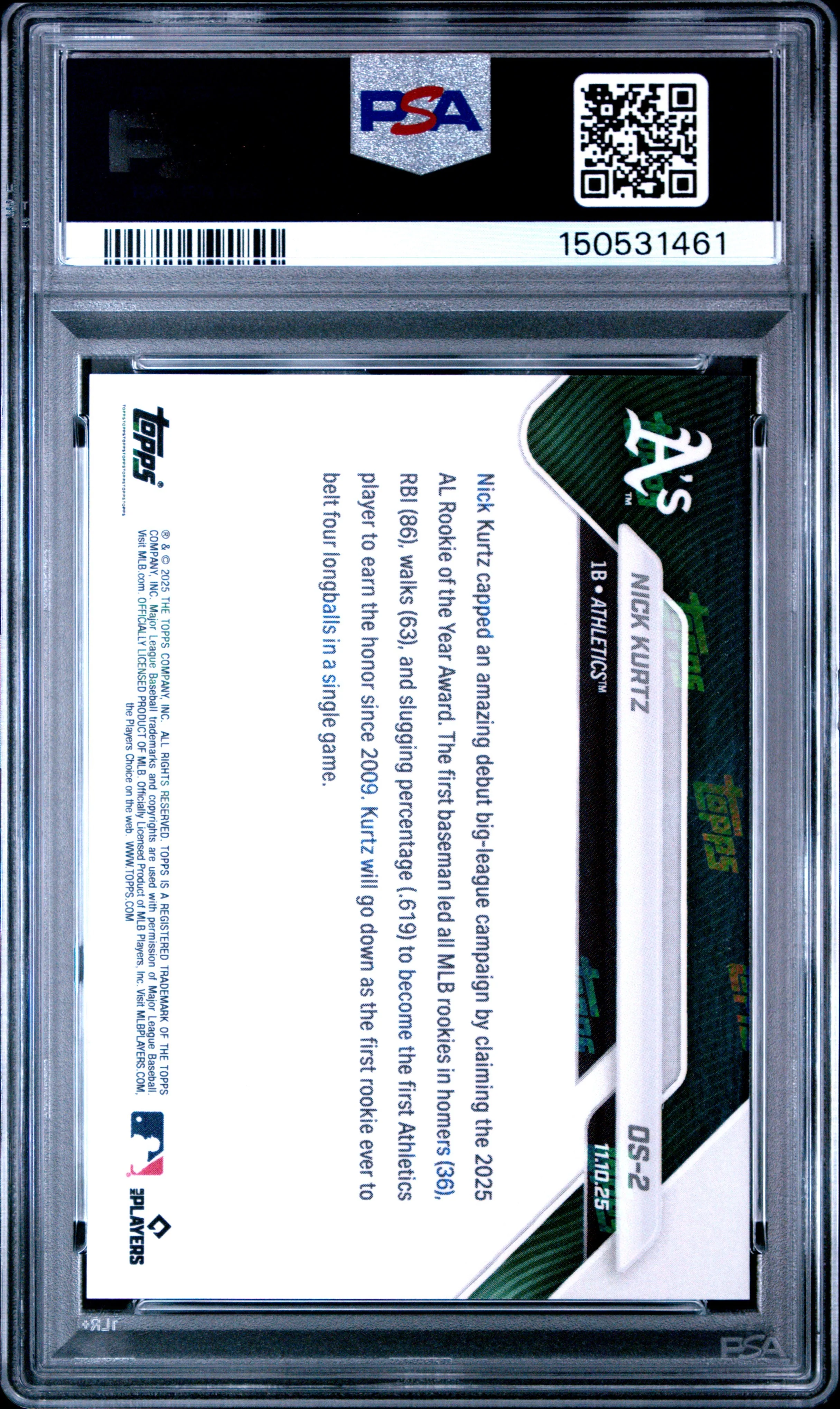 Graded 2025 Topps Now Nick Kurtz #OS2 Offseason Rookie RC Baseball Card PSA 8 Near Mint - Image 2