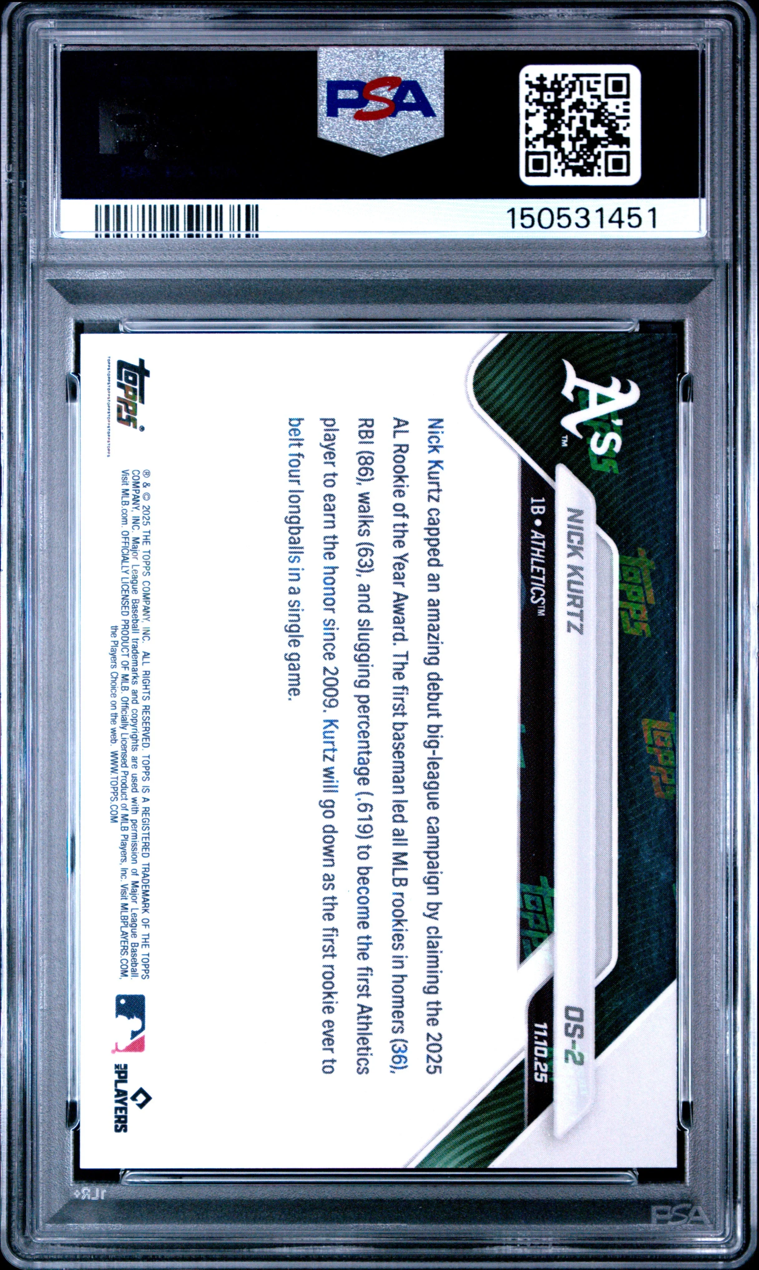 Graded 2025 Topps Now Nick Kurtz #OS2 Offseason Rookie RC Baseball Card PSA 9 Mint - Image 2