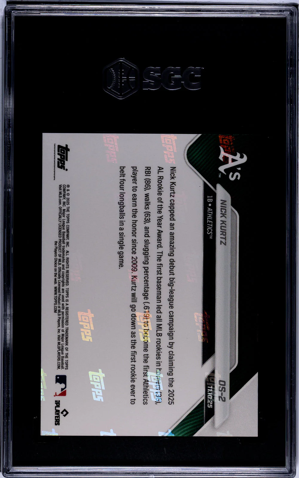 Graded 2025 Topps Now Nick Kurtz #OS2 Offseason Rookie RC Baseball Card SGC 10 Gem Mint - Image 2