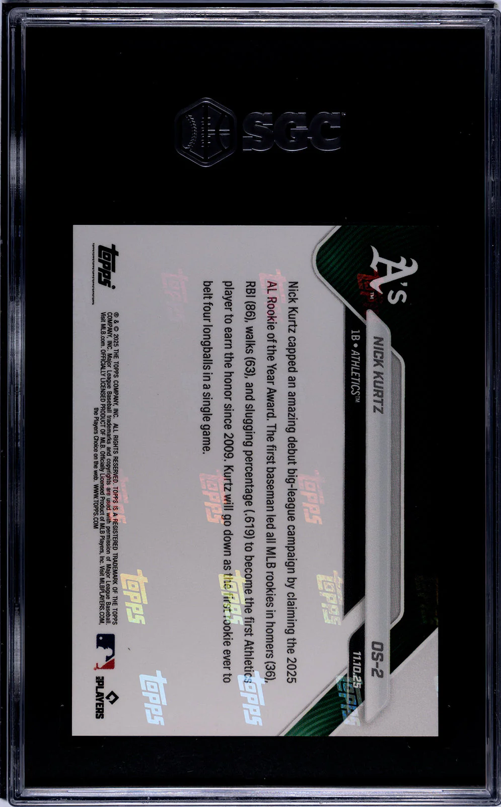 Graded 2025 Topps Now Nick Kurtz #OS2 Offseason Rookie RC Baseball Card SGC 9.5 Mint+ - Image 2