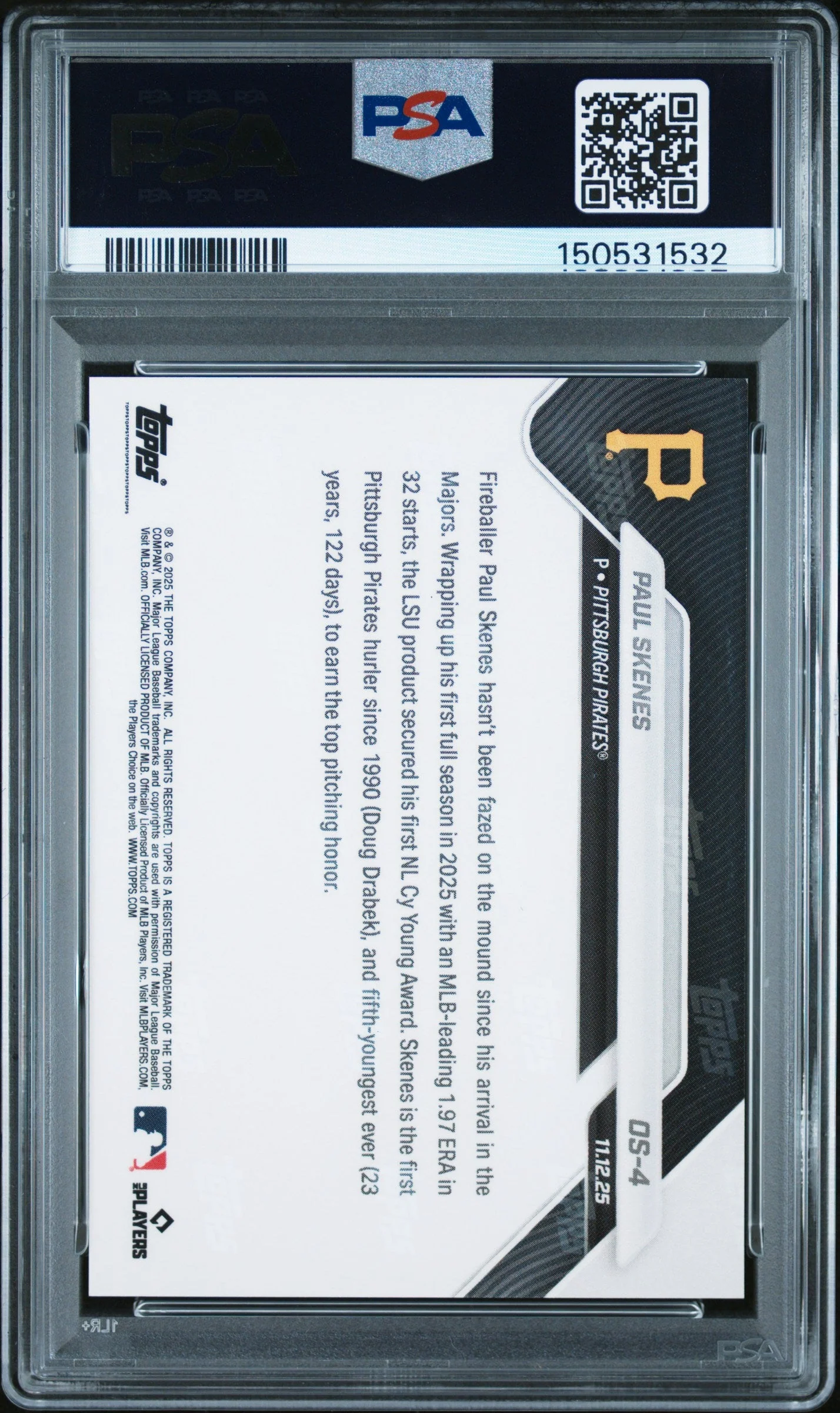 Graded 2025 Topps Now Paul Skenes #OS4 Offseason Baseball Card PSA 10 Gem Mint - Image 2