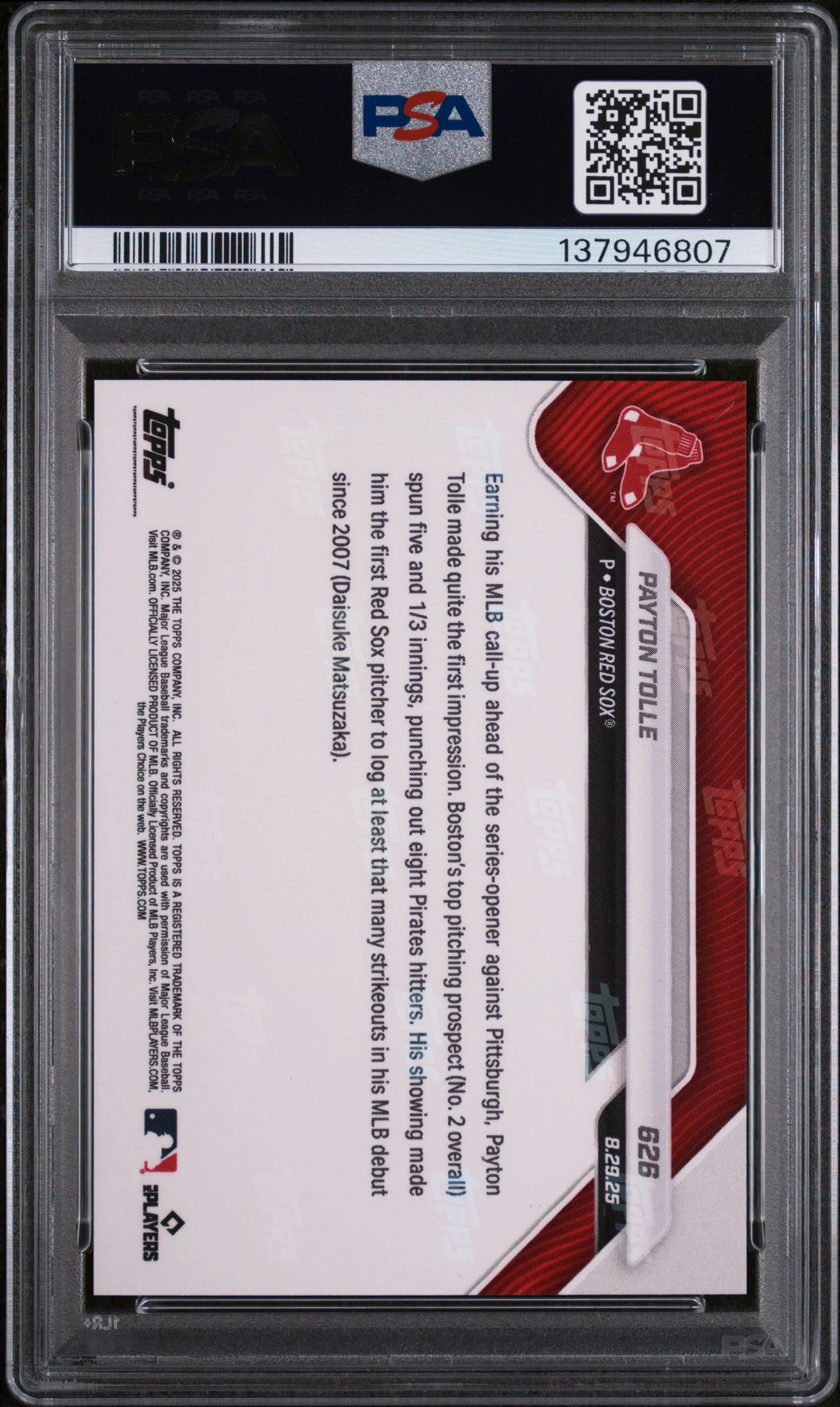 Graded 2025 Topps Now Payton Tolle #626 Rookie RC Baseball Card PSA 10 Gem Mint - Image 2