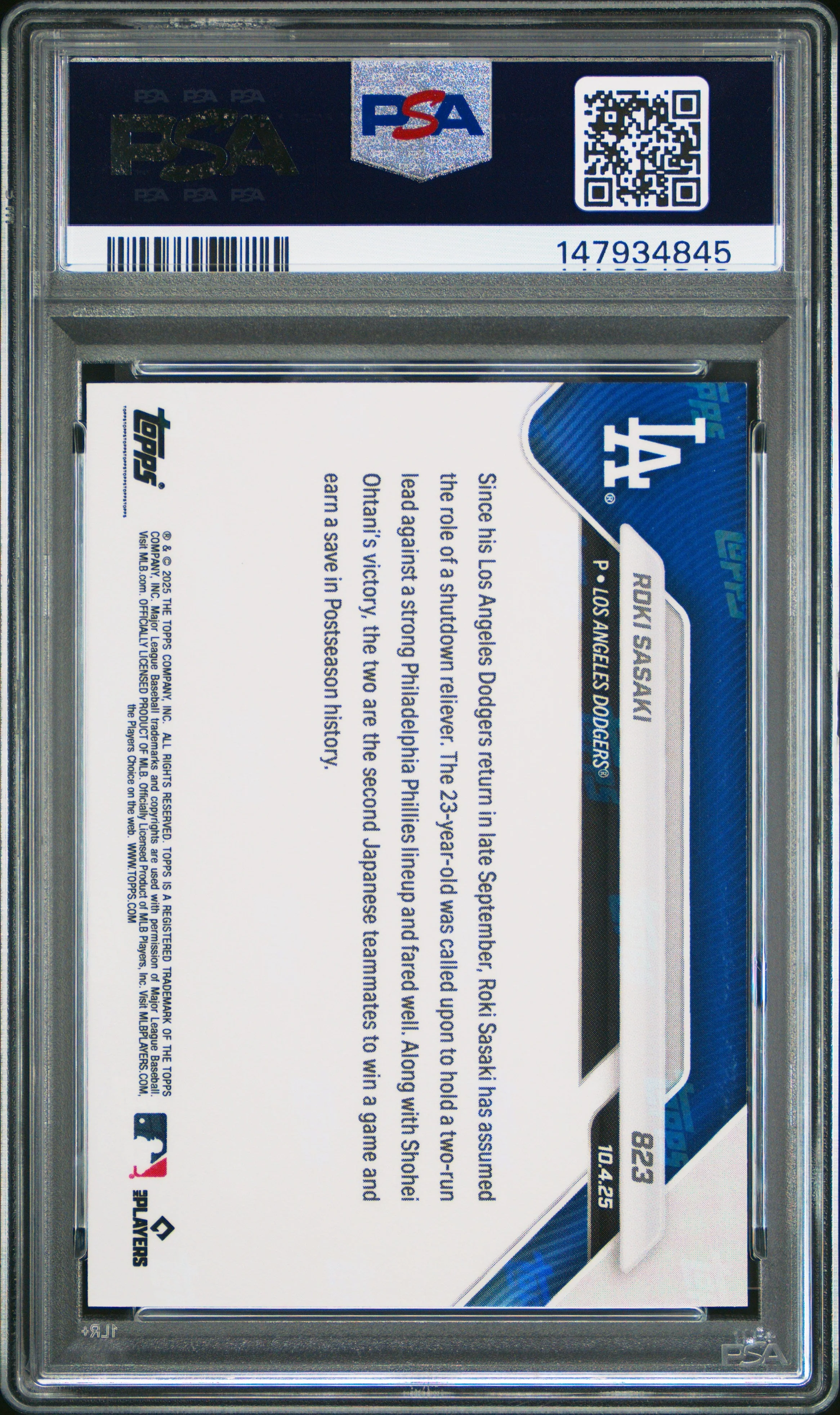 Graded 2025 Topps Now Roki Sasaki #823 Rookie RC Baseball Card PSA 9 Mint - Image 2