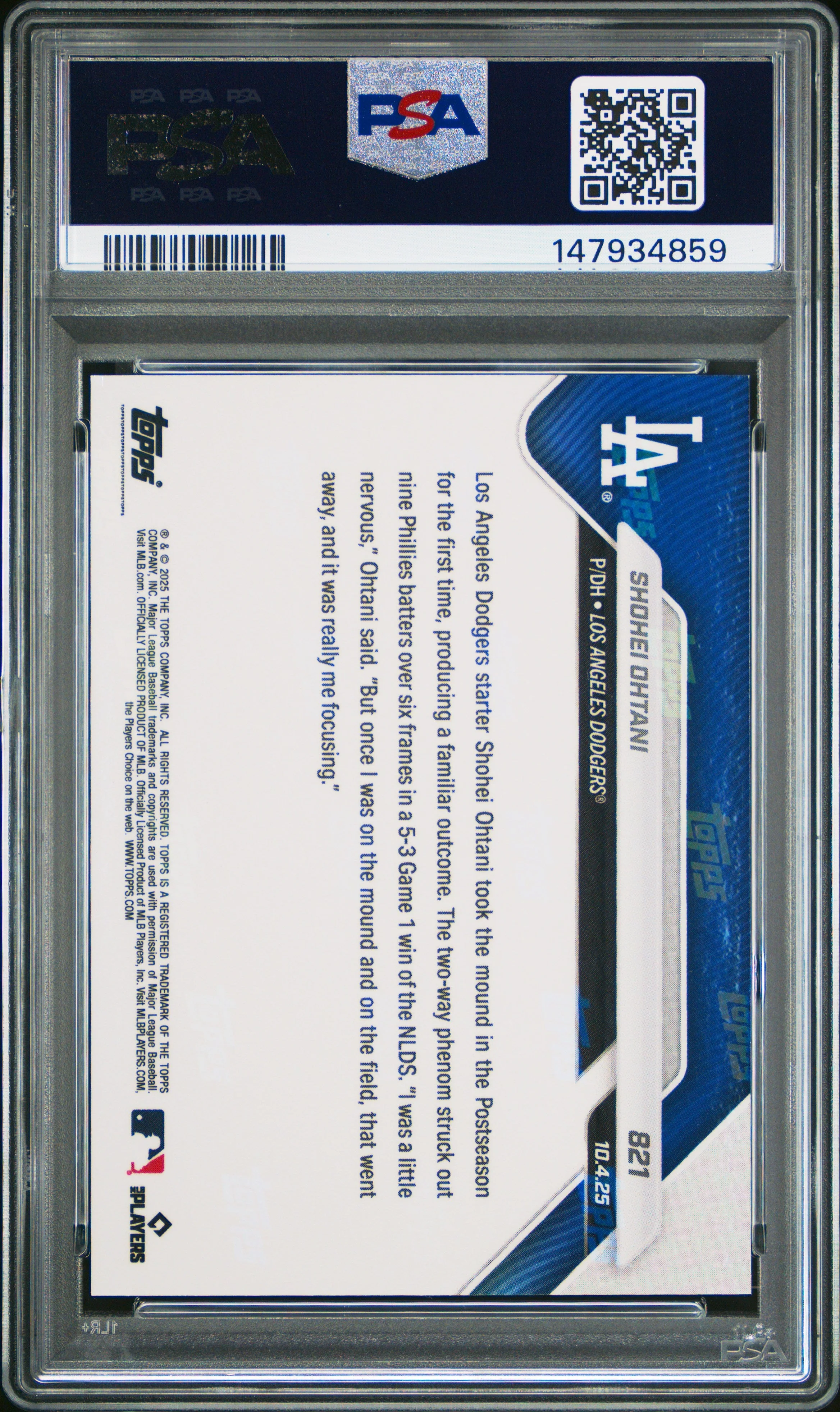 Graded 2025 Topps Now Shohei Ohtani #821 Baseball Card PSA 10 Gem Mint - Image 2