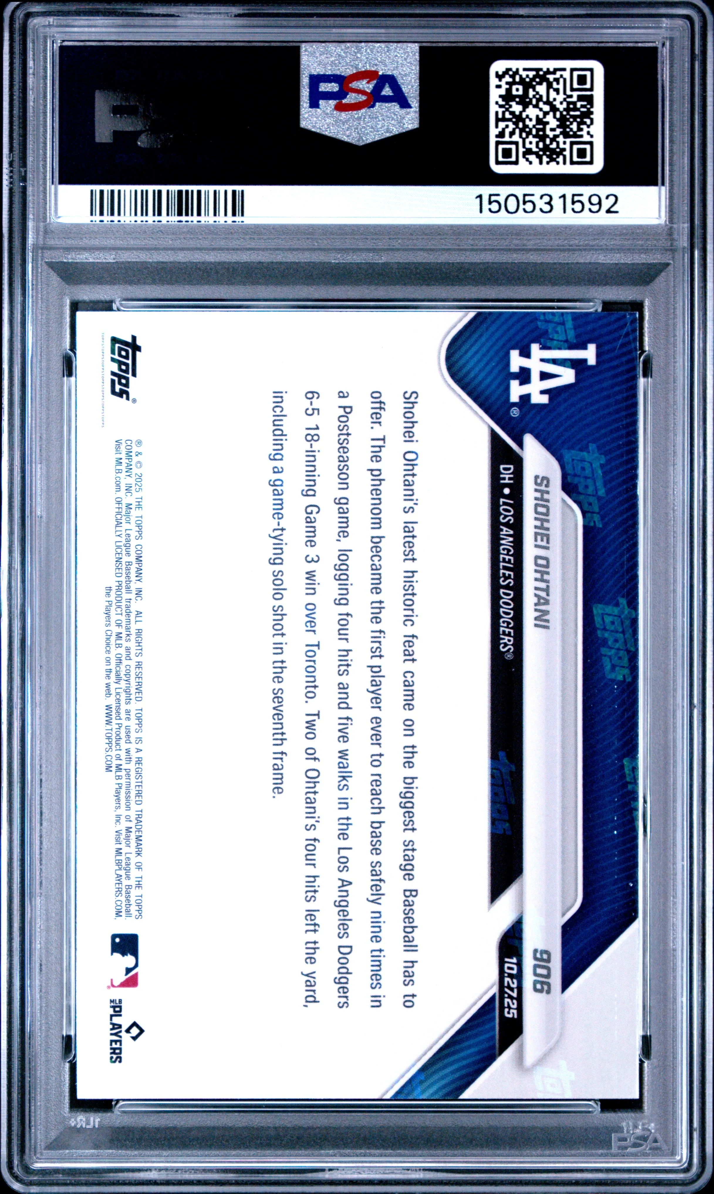 Graded 2025 Topps Now Shohei Ohtani #906 1st Ever to Reach Base 9 Times in Postseason Game Baseball Card PSA 10 Gem Mint - Image 2
