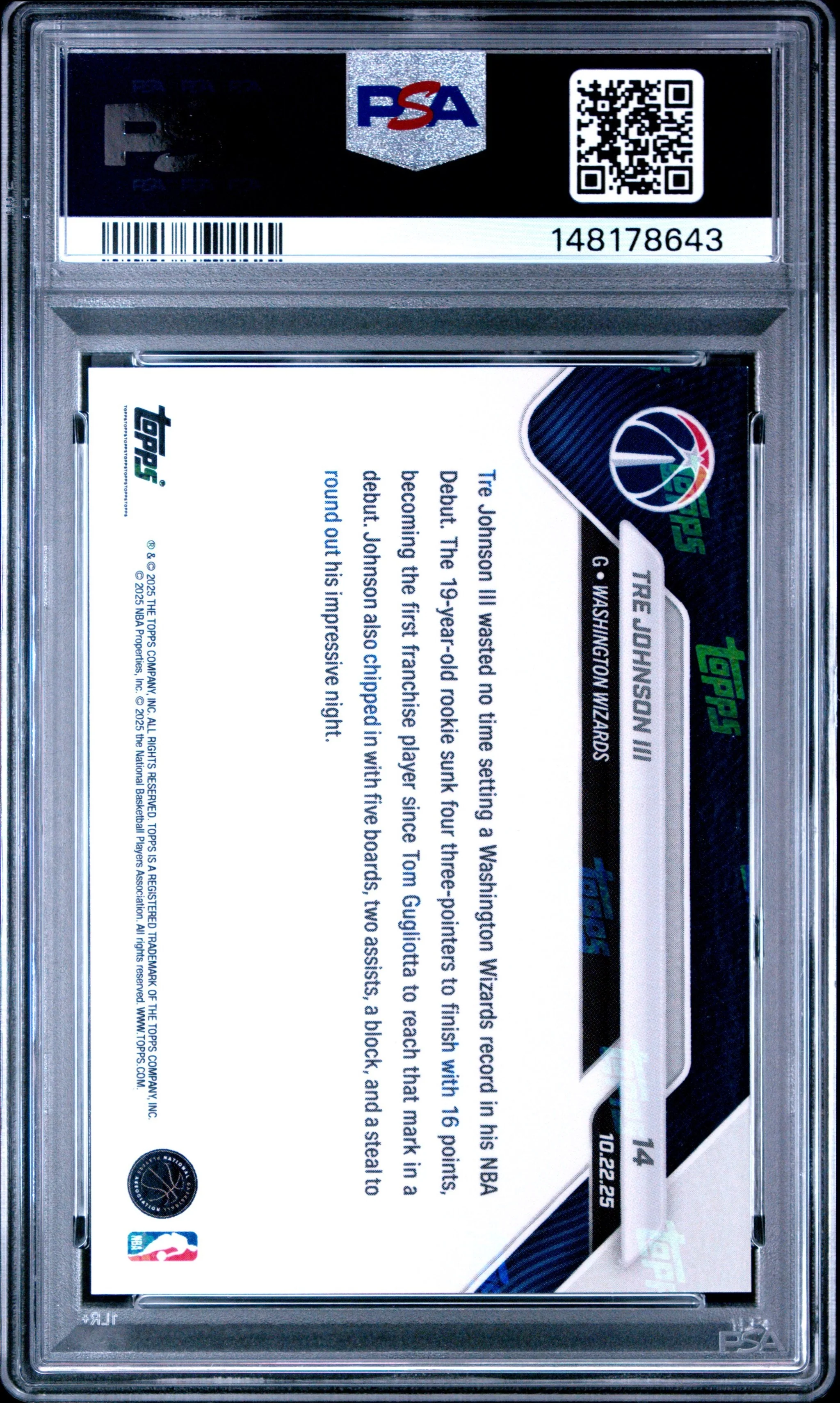 Graded 2025 Topps Now Tre Johnson III #14 Rookie RC Basketball Card PSA 10 Gem Mint - Image 2