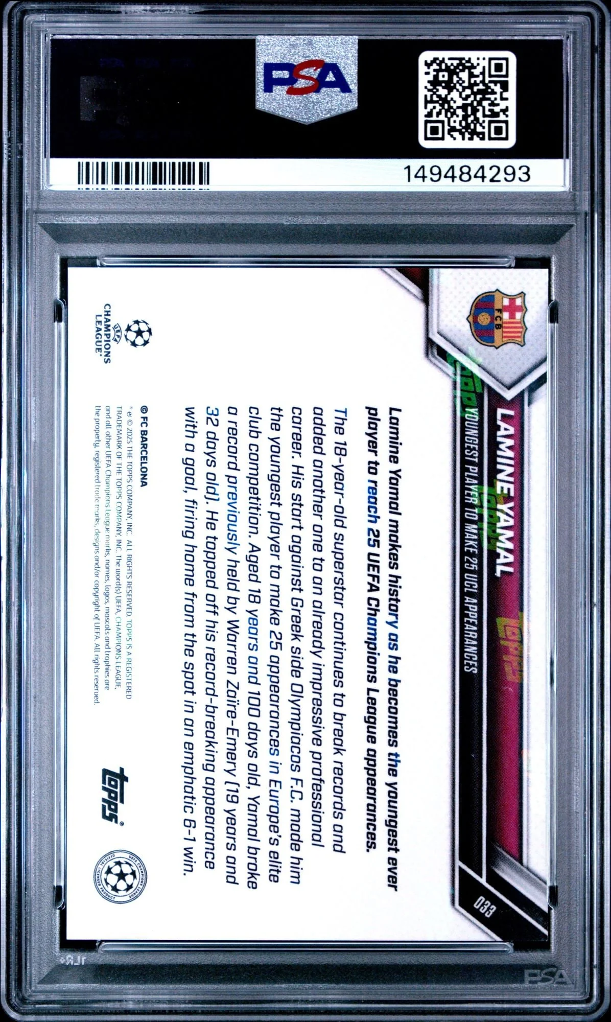 Graded 2025 Topps Now UCL Lamine Yamal #33 UEFA Champions League Soccer Card PSA 10 Gem Mint - Image 2