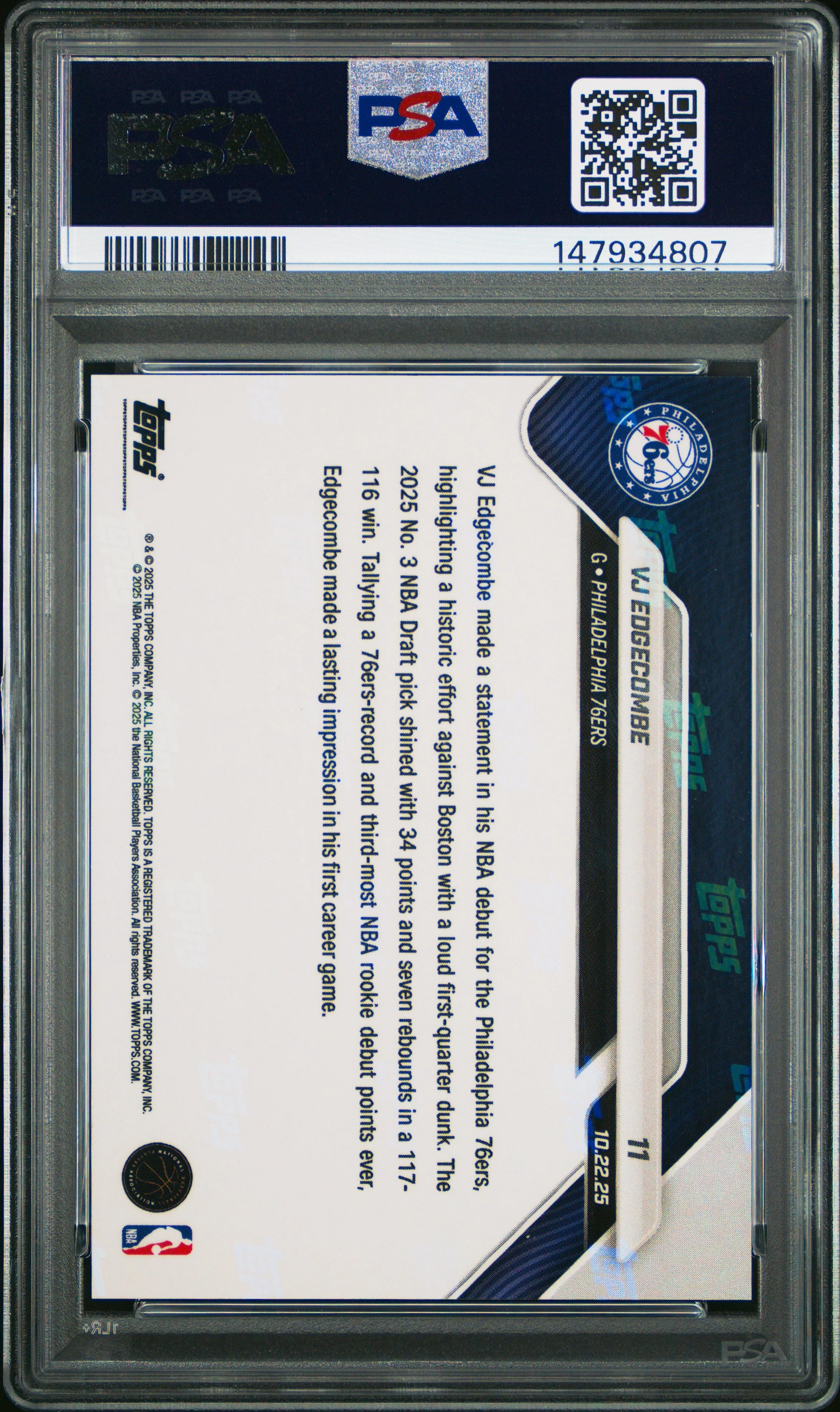 Graded 2025 Topps Now VJ Edgecombe #11 Green Foil /99 Rookie RC Basketball Card PSA 8 Near Mint - Image 2