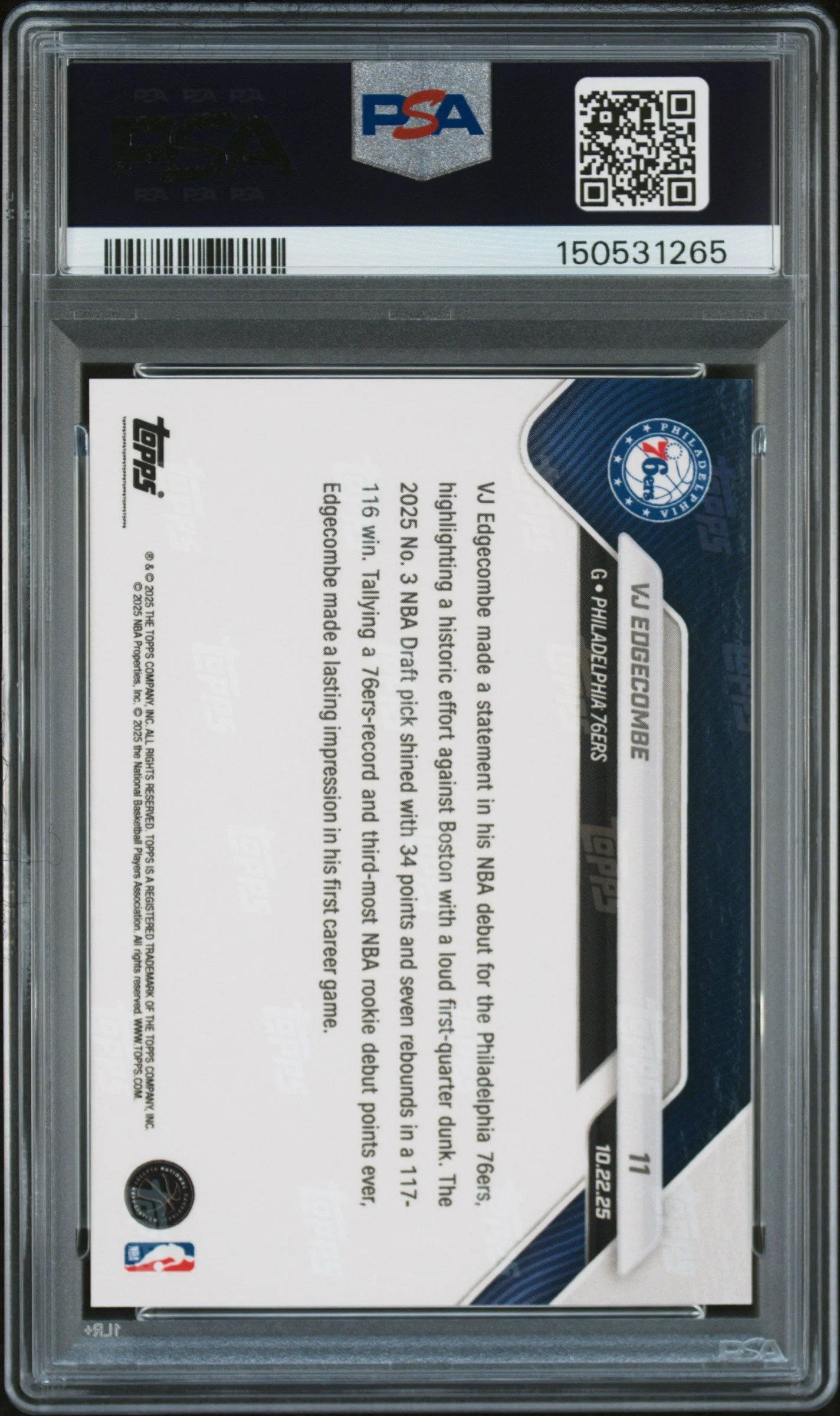 Graded 2025 Topps Now VJ Edgecombe #11 Rookie RC Basketball Card PSA 10 Gem Mint - Image 2
