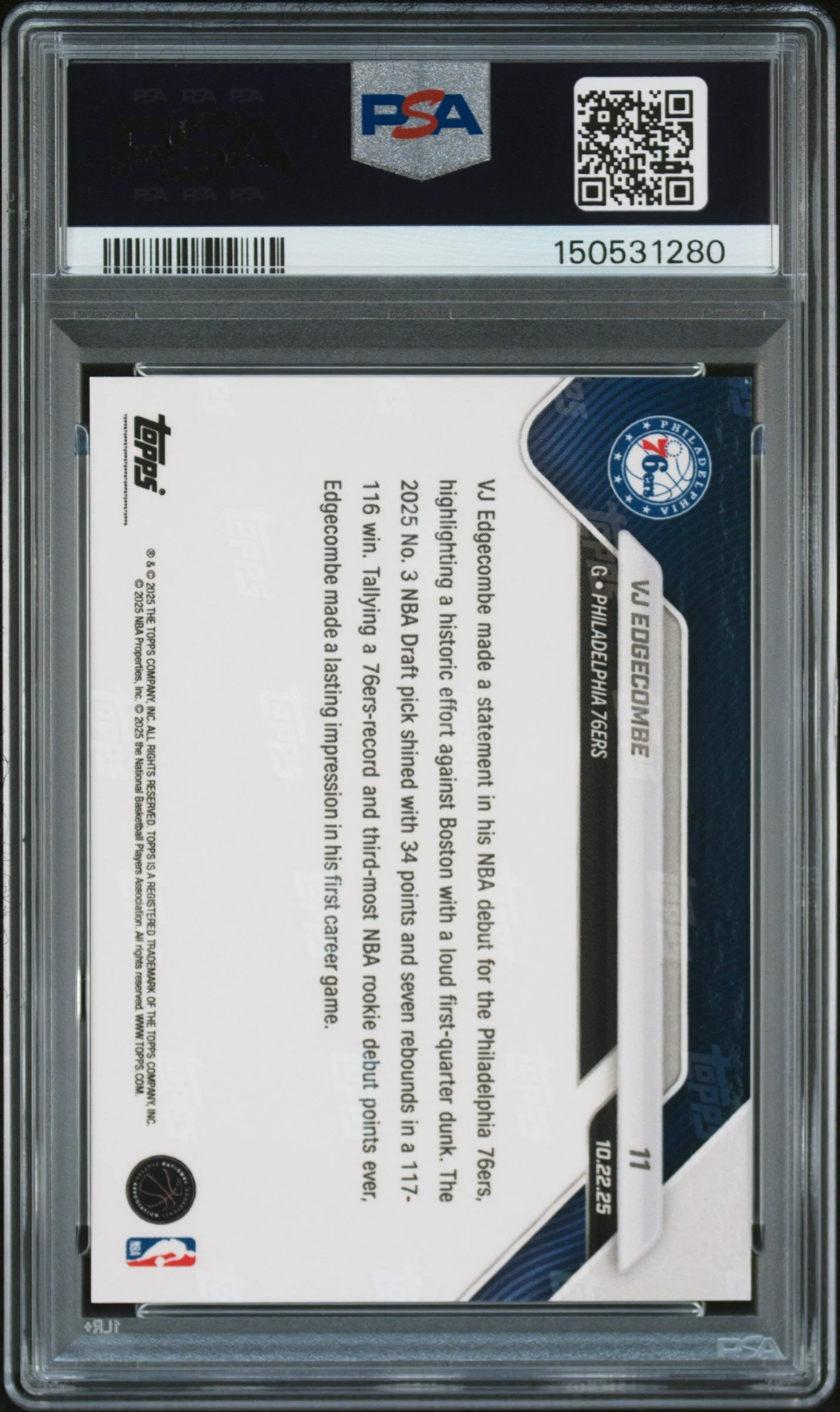 Graded 2025 Topps Now VJ Edgecombe #11 Rookie RC Basketball Card PSA 9 Mint - Image 2