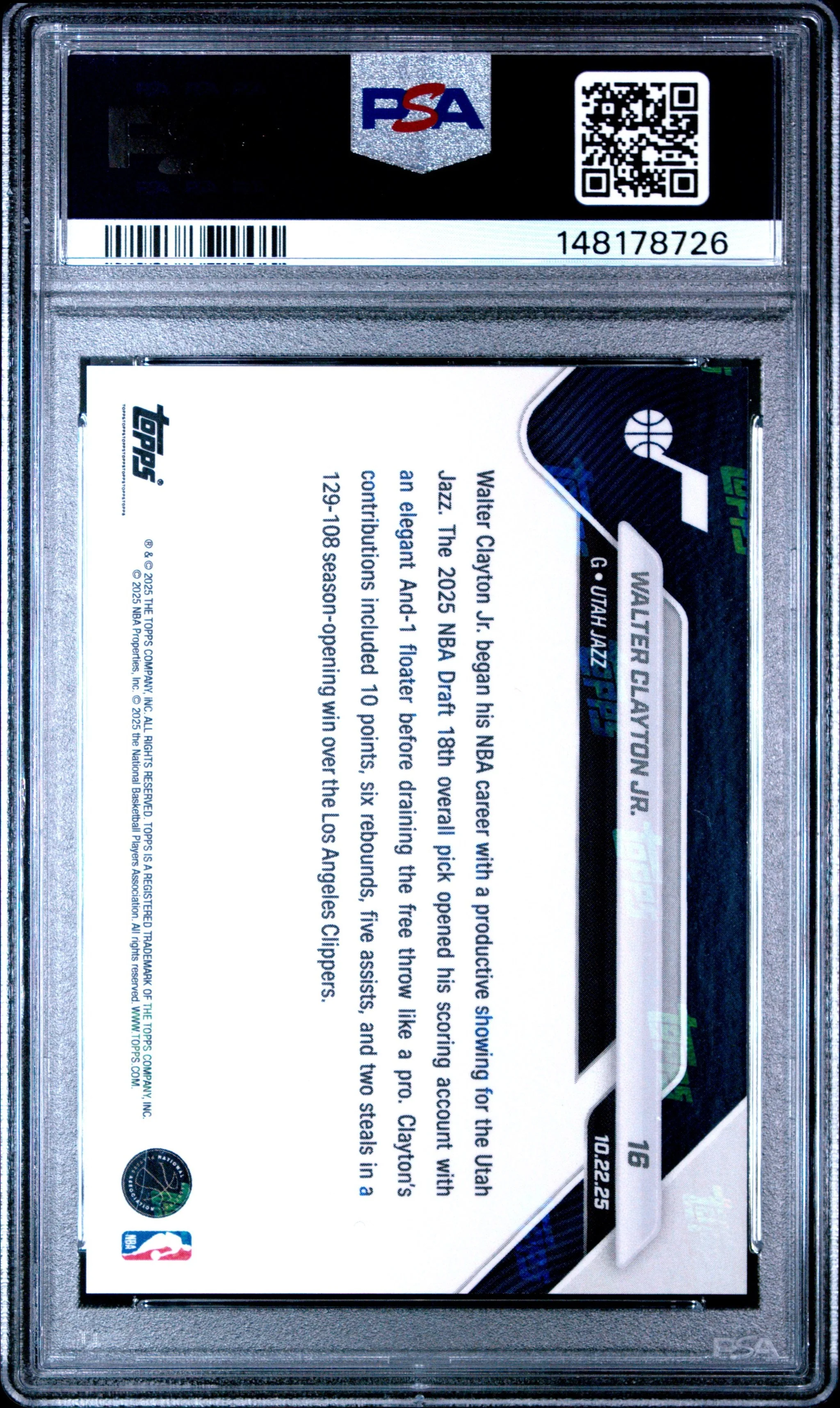 Graded 2025 Topps Now Walter Clayton Jr. #16 Rookie RC Basketball Card PSA 10 Gem Mint - Image 2