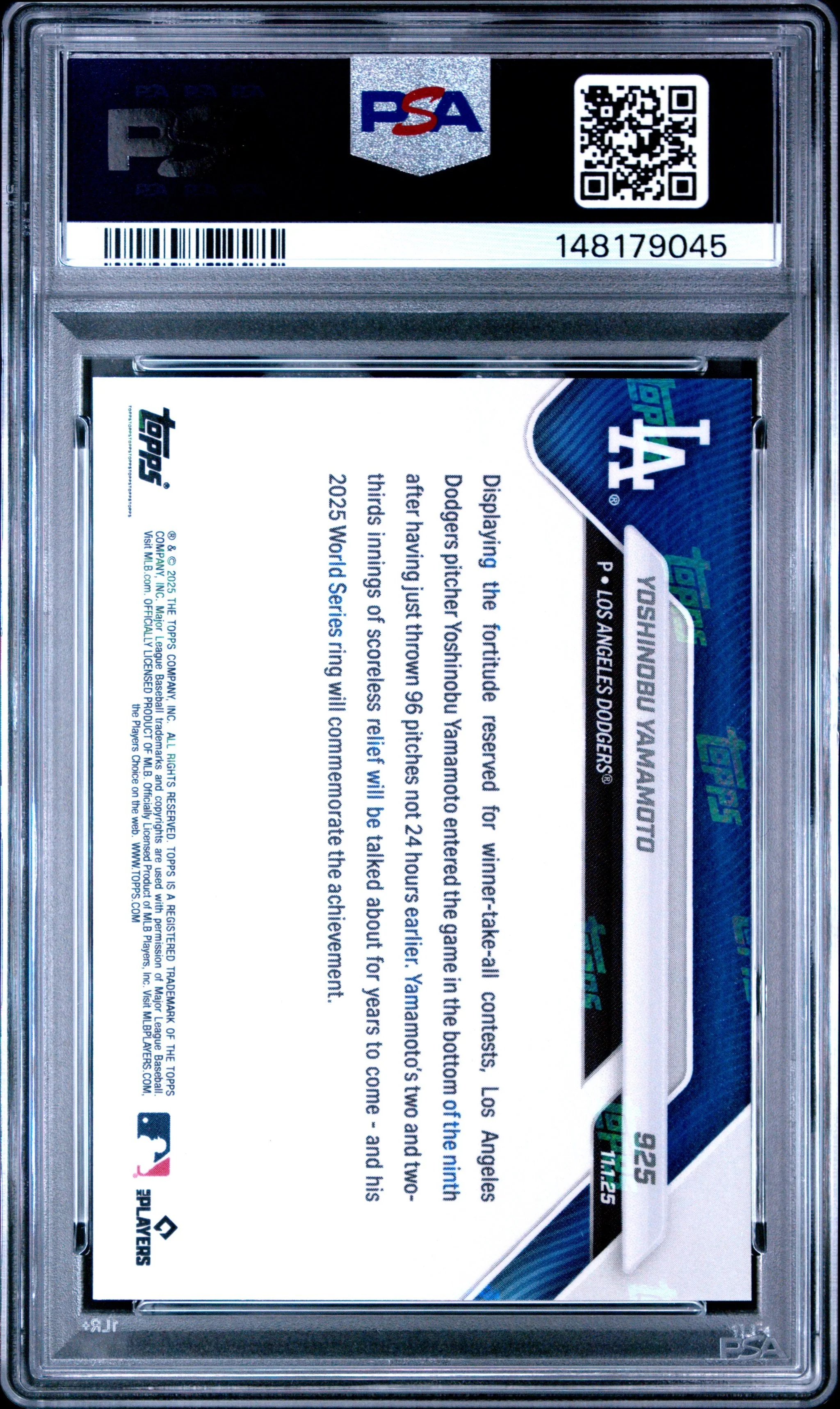 Graded 2025 Topps Now Yoshinobu Yamamoto #925 Baseball Card PSA 10 Gem Mint - Image 2