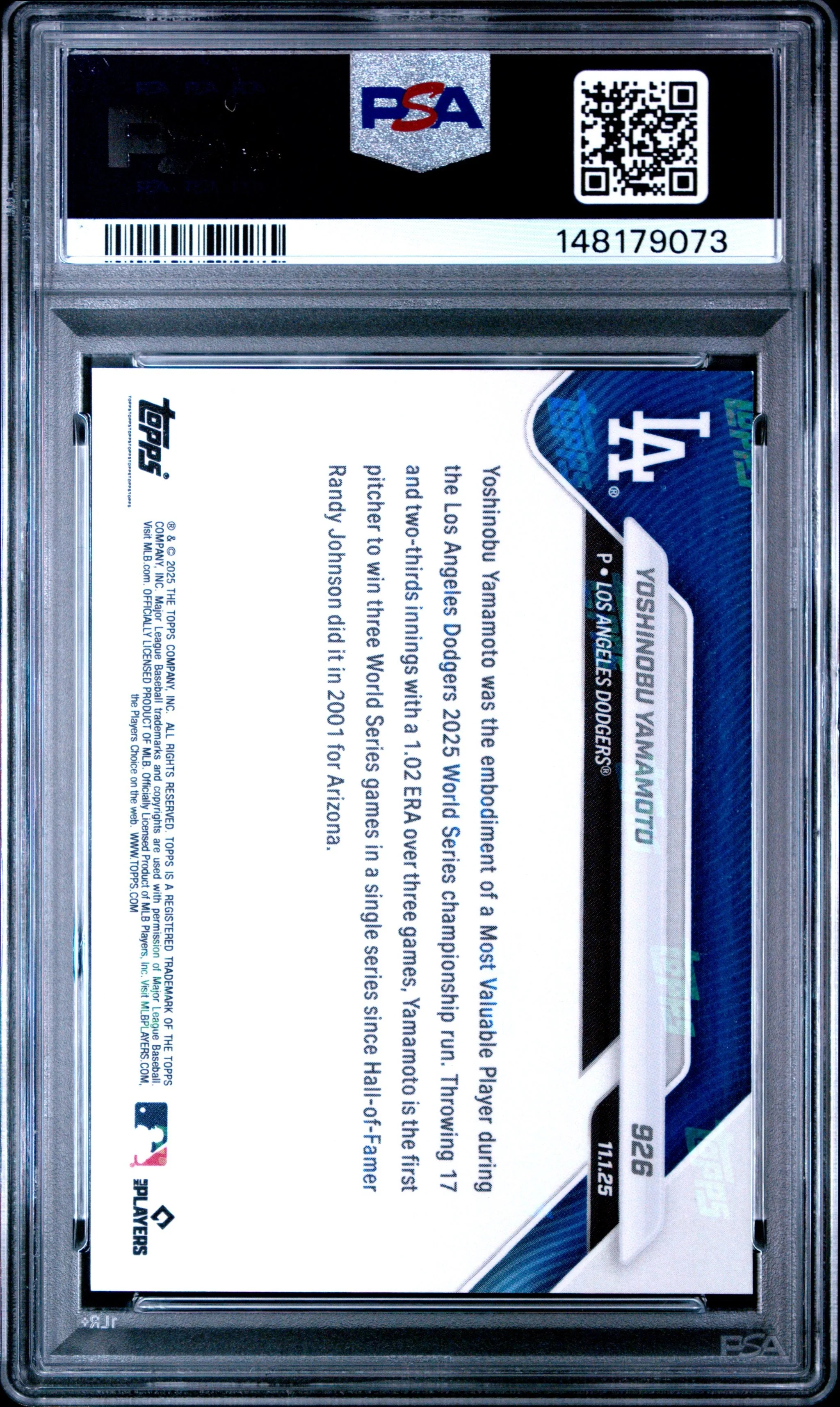 Graded 2025 Topps Now Yoshinobu Yamamoto #926 Baseball Card PSA 10 Gem Mint - Image 2
