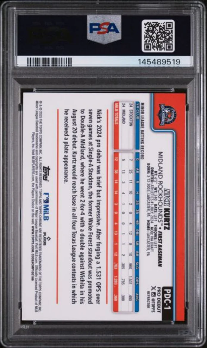 Graded 2025 Topps Pro Debut Nick Kurtz #1 Chrome Refractor /199 Rookie RC Baseball Card PSA 10 Gem Mint - Image 2