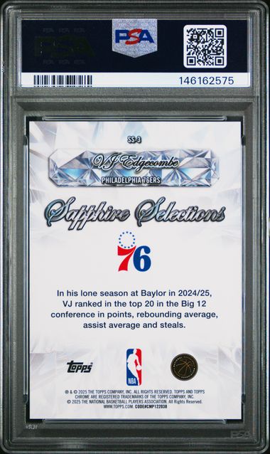 Graded 2025 Topps Sapphire VJ Edgecombe #SS3 Sapphire Selections Rookie RC Basketball Card PSA 10 Gem Mint - Image 2