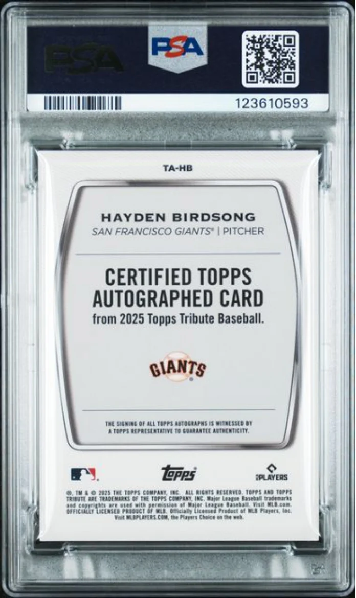 Graded 2025 Topps Tribute Hayden Birdsong #TAHB Tribute Auto Orange /25 Rookie RC Baseball Card PSA 10 Gem Mint Auto Authentic - Image 2