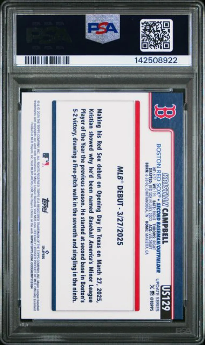 Graded 2025 Topps Update Kristian Campbell #129 Rookie RC Baseball Card PSA 10 Gem Mint - Image 2