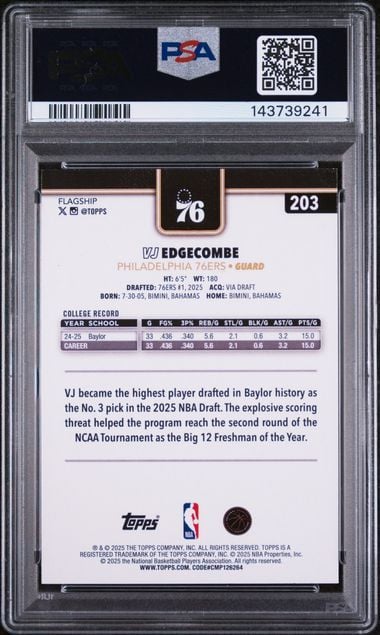 Graded 2025 Topps VJ Edgecombe #203 Blackout Refractor Rookie RC Basketball Card PSA 9 Mint - Image 2
