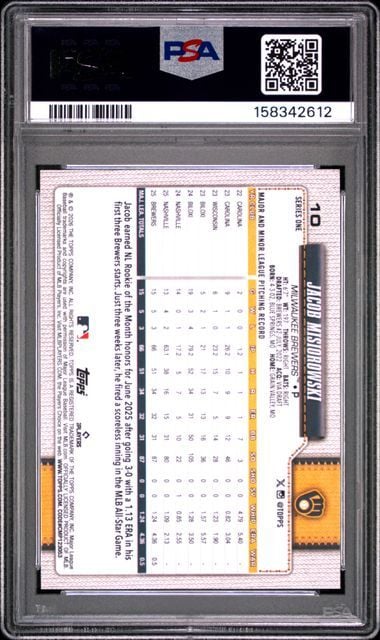Graded 2026 Topps Jacob Misiorowski #10 Rookie RC Baseball Card PSA 10 Gem Mint - Image 2