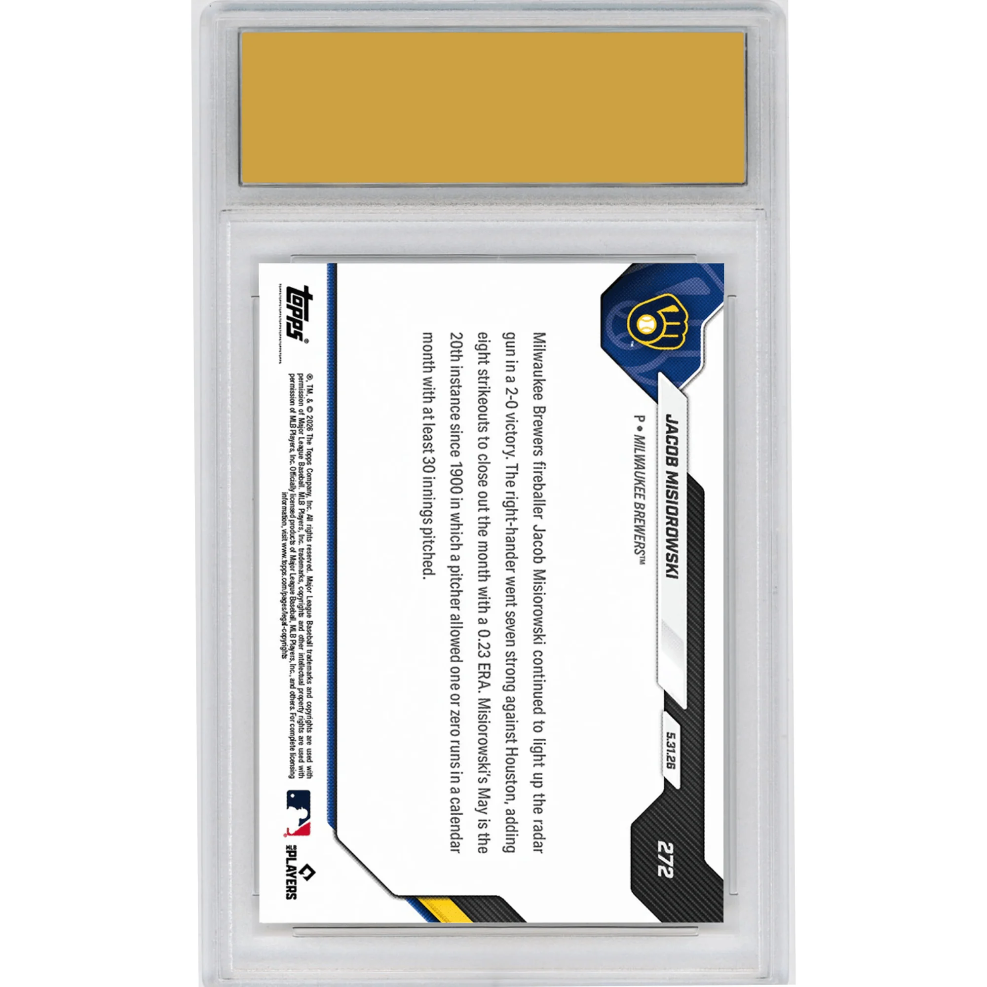 Graded 2026 Topps Now Jacob Misiorowski #272 Scoreless Start Closes May with 0.23 ERA Milwaukee Brewers Rookie RC Baseball Card HOFSM 10 Gem Mint - Image 2