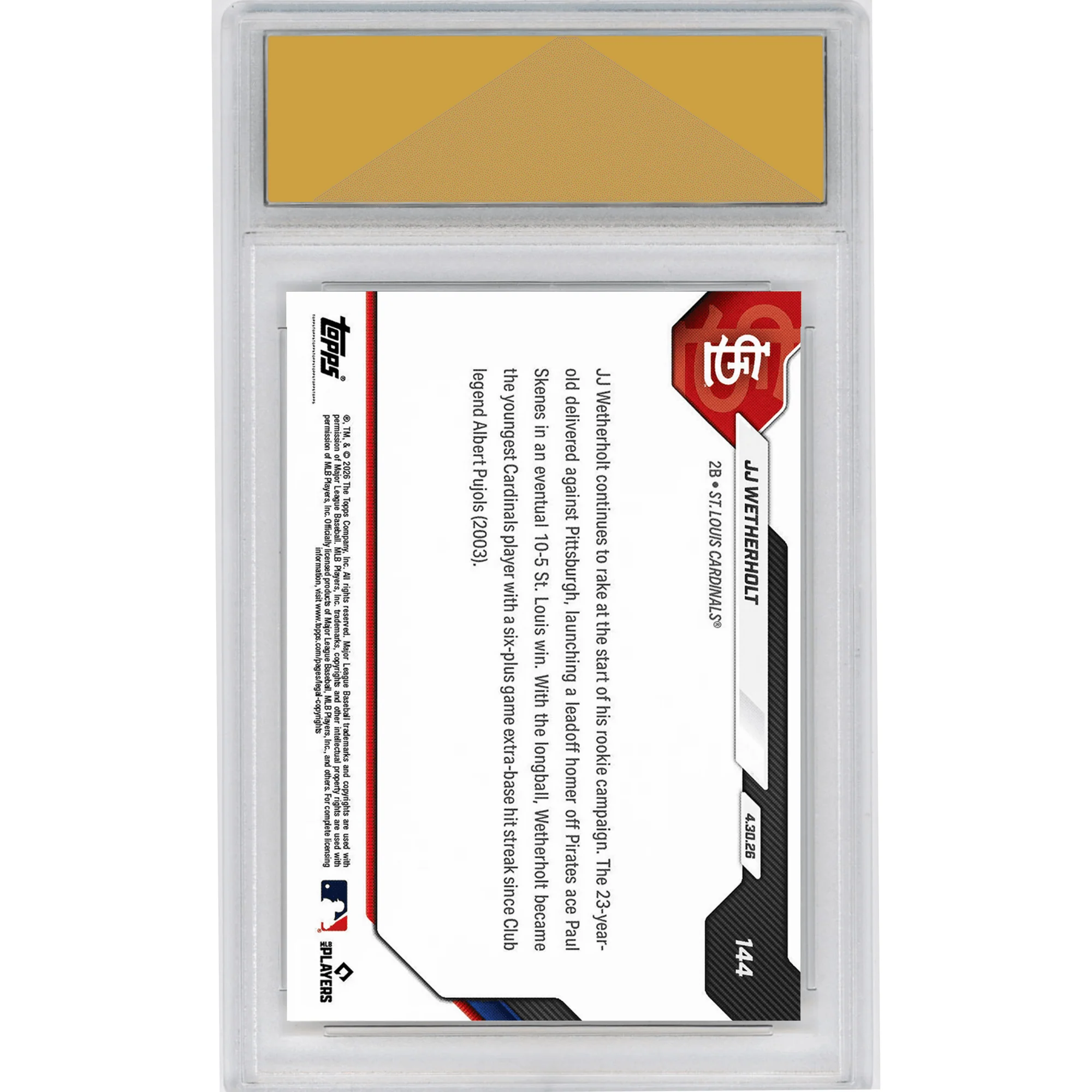 Graded 2026 Topps Now JJ Wetherholt #144 Leadoff Blast Cements Cardinals XBH Lore St Louis Cardinals Rookie RC Baseball Card HOFSM 10 Gem Mint - Image 2