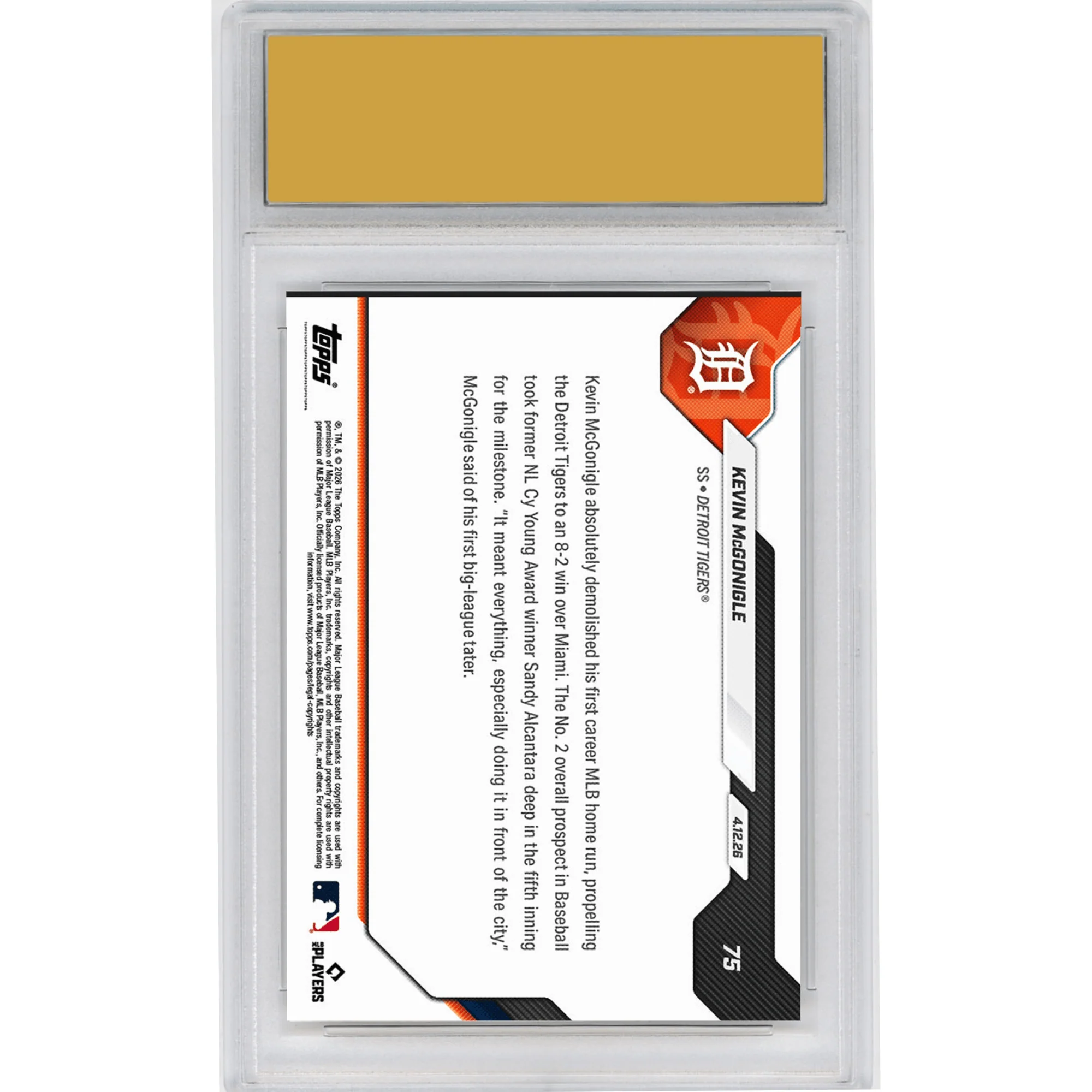 Graded 2026 Topps Now Kevin McGonigle #75 Blasts 1st Career MLB HR in Series Sweep Detroit Tigers Rookie RC Baseball Card HOFSM 10 Gem Mint - Image 2