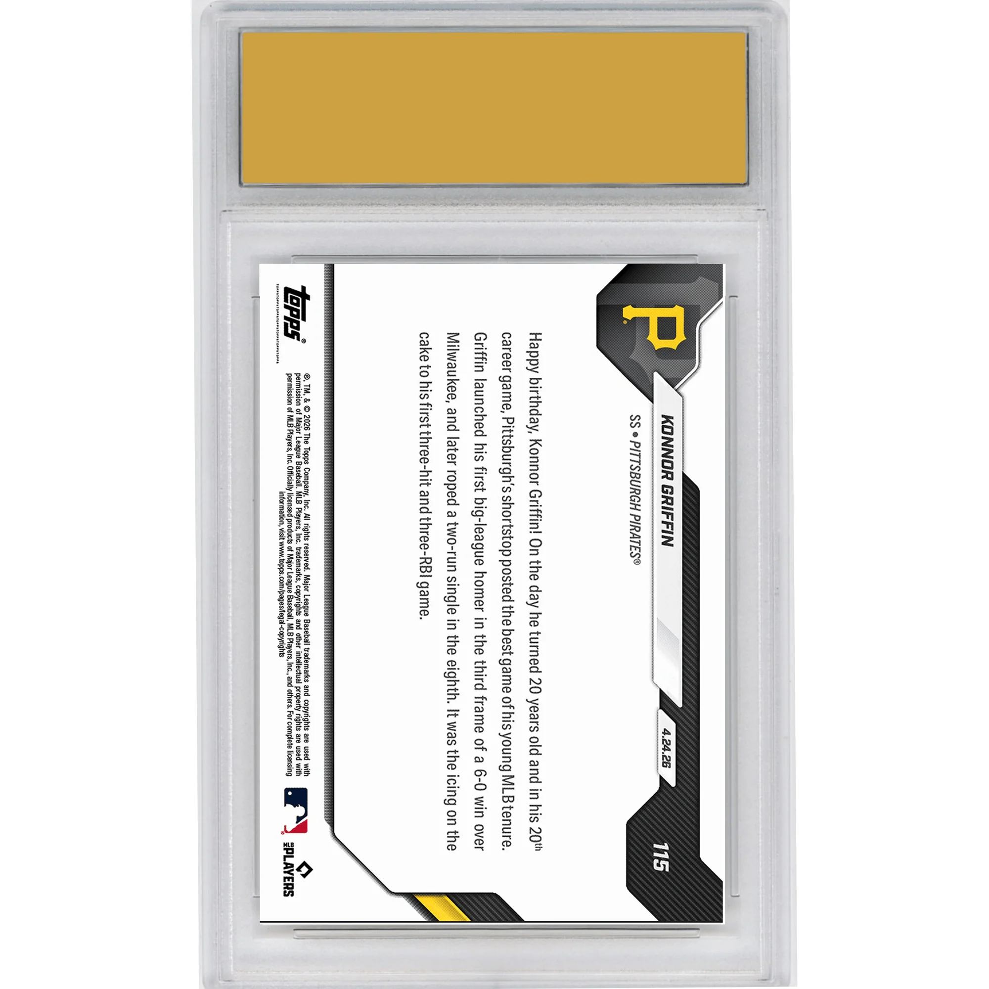 Graded 2026 Topps Now Konnor Griffin #115 Birthday Bash! Clubs 1st MLB Home Run on 20th Birthday Pittsburgh Pirates Rookie RC Baseball Card HOFSM 10 Gem Mint - Image 2