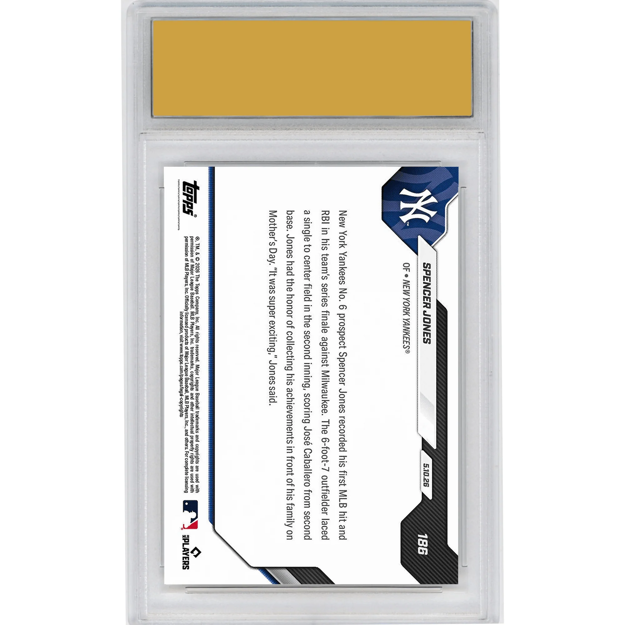 Graded 2026 Topps Now Spencer Jones #186 Yankees Number 6 Prospect Logs 1st MLB Hit and RBI New York Yankees Rookie RC Baseball Card HOFSM 10 Gem Mint - Image 2