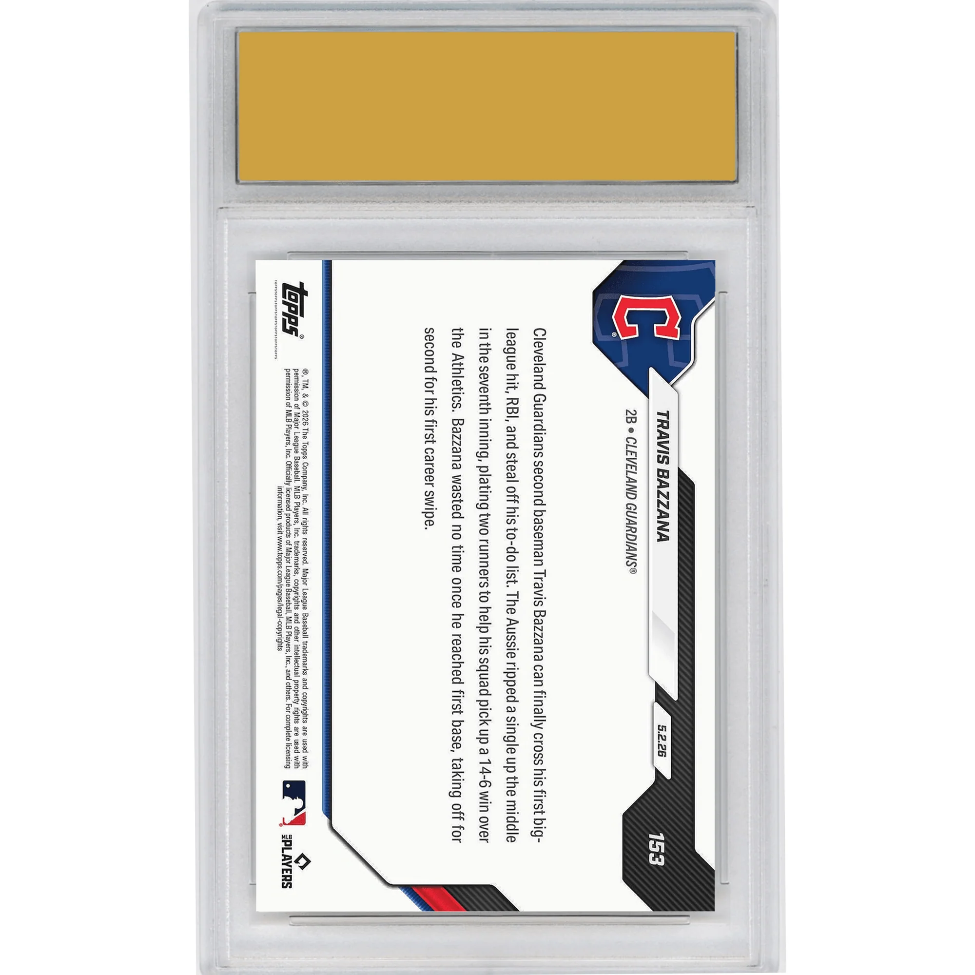 Graded 2026 Topps Now Travis Bazzana #153 Guardians Top Prospect Logs 1st Hit, RBI & Steal Cleveland Guardians Rookie RC Baseball Card HOFSM 10 Gem Mint - Image 2