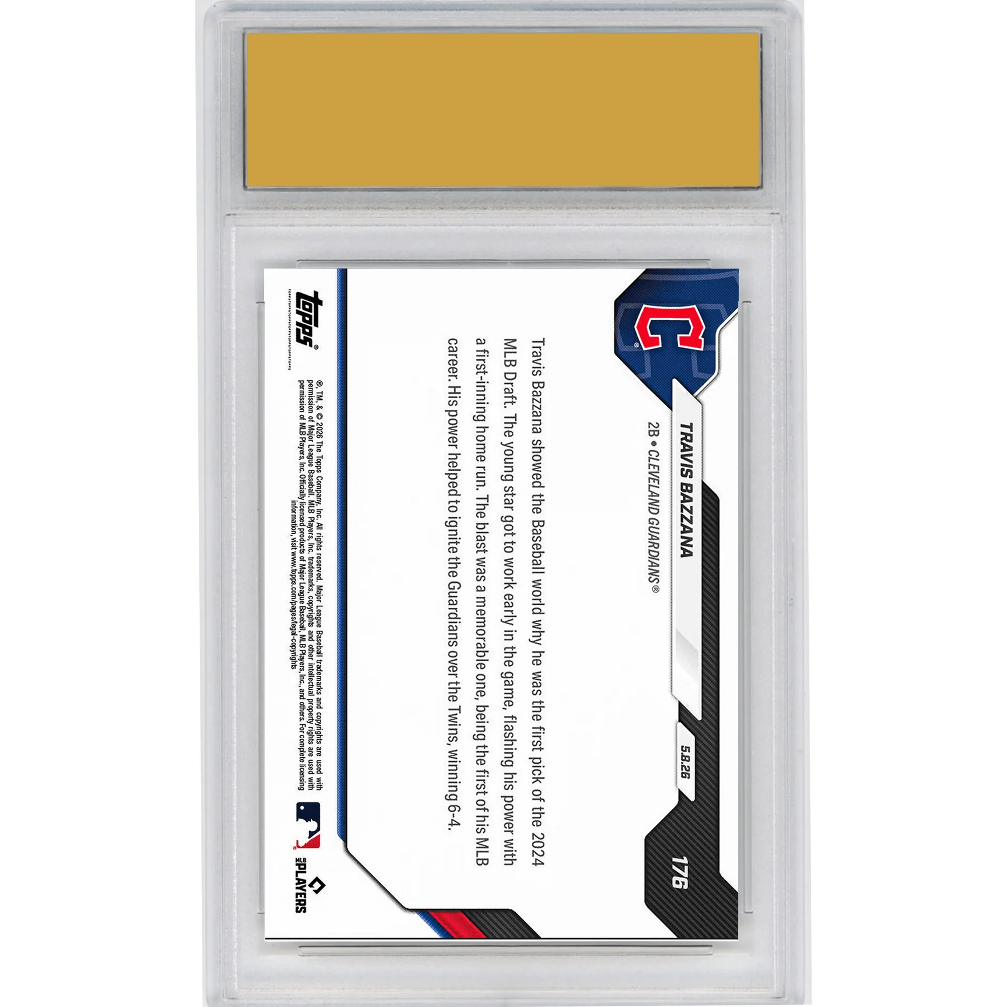 Graded 2026 Topps Now Travis Bazzana #176 Top Prospect's 1st Home Run Caps Off Memorable Night Cleveland Guardians Rookie RC Baseball Card HOFSM 10 Gem Mint - Image 2